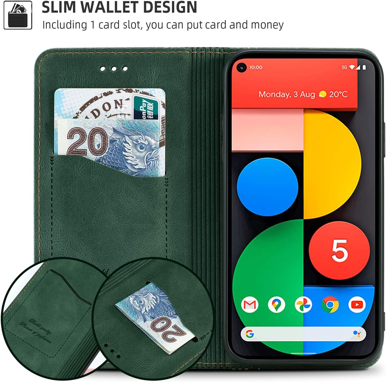 AKABEILA Compatible with Google Pixel 5 Case, Phone Case PU Leather Flip Case for Google Pixel 5 Folio Wallet Case Cover with Card Holder Magnetic Closure Kickstand Shockproof Phone Cover - 6.0" Green
