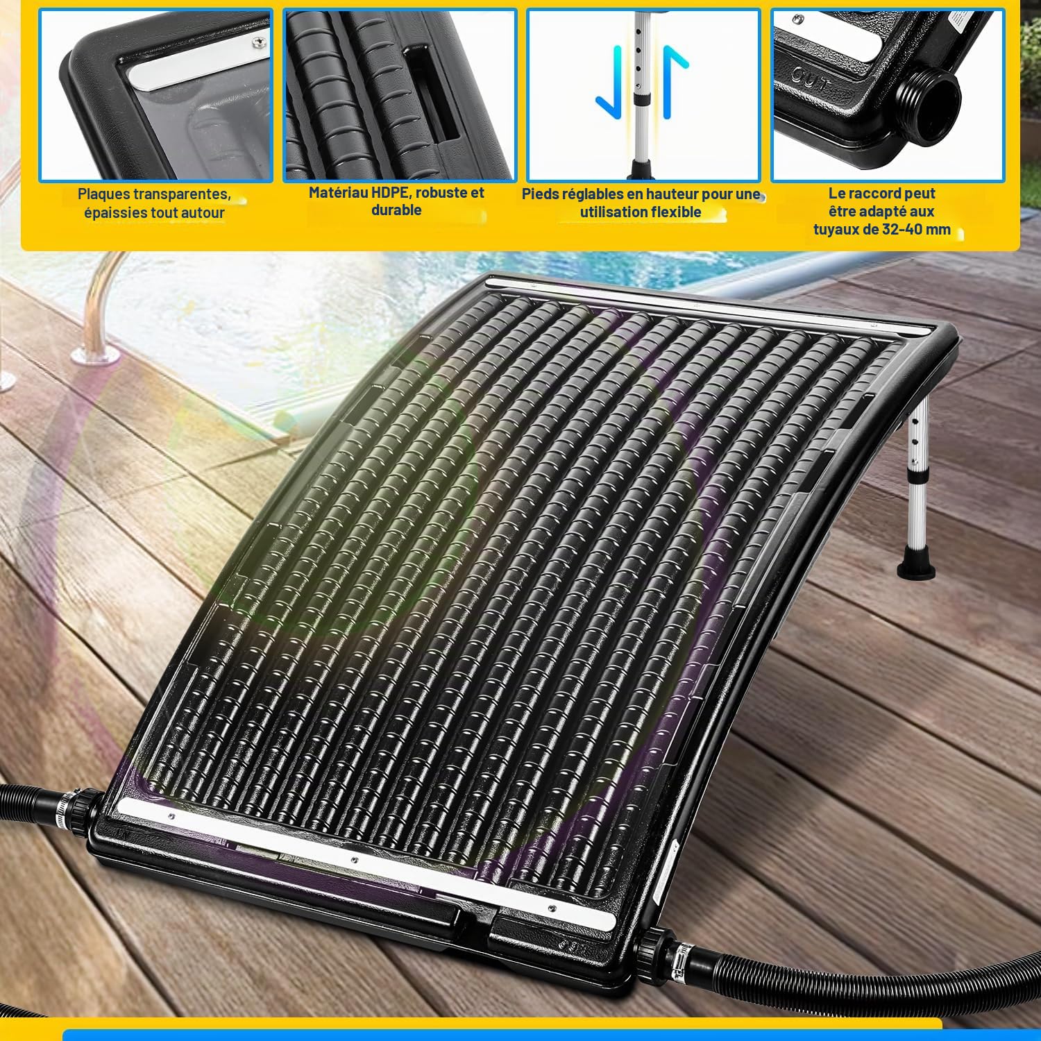 Chauffage solaire de piscine - 110 x 65 x 15 cm - Panneau solaire - 10 000 l/h - Connexion 38-40 mm - Extensible - Installation solaire pour eau chaude, douche de jardin, piscine