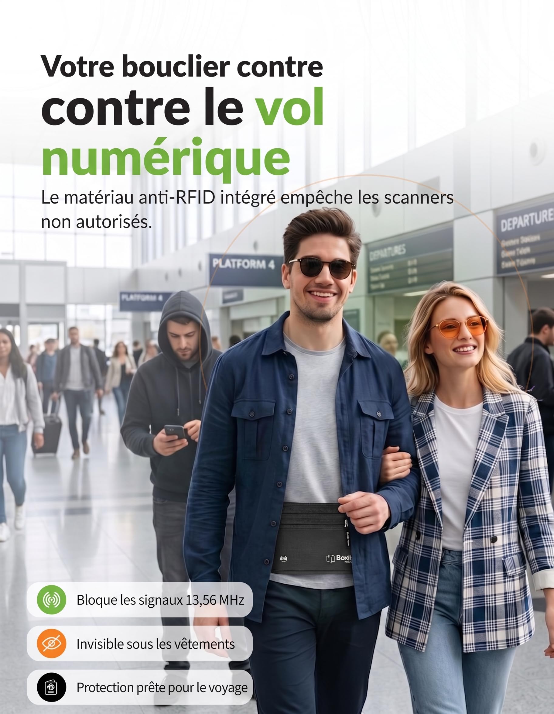 Boxiki Travel Ceinture d'argent dissimulée pour hommes et femmes - Sac de taille RFID bloquant pour passeport, portefeuille et téléphone - Sécurisé et fiable pour les voyages