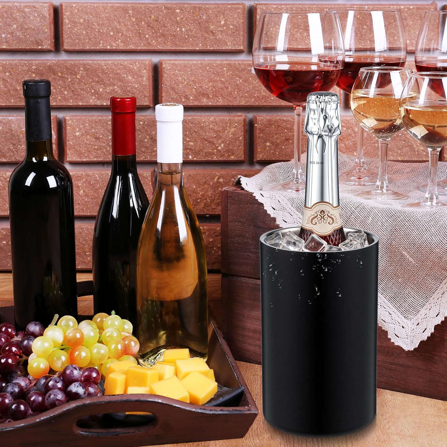 6 Pack Wine Chiller Bucket Wine Bottles Cooler Bulk, Stainless Steel Double Wall Insulated Champagne Ice Bucket for Parties,Fits for 750 ml Bottles(Black)