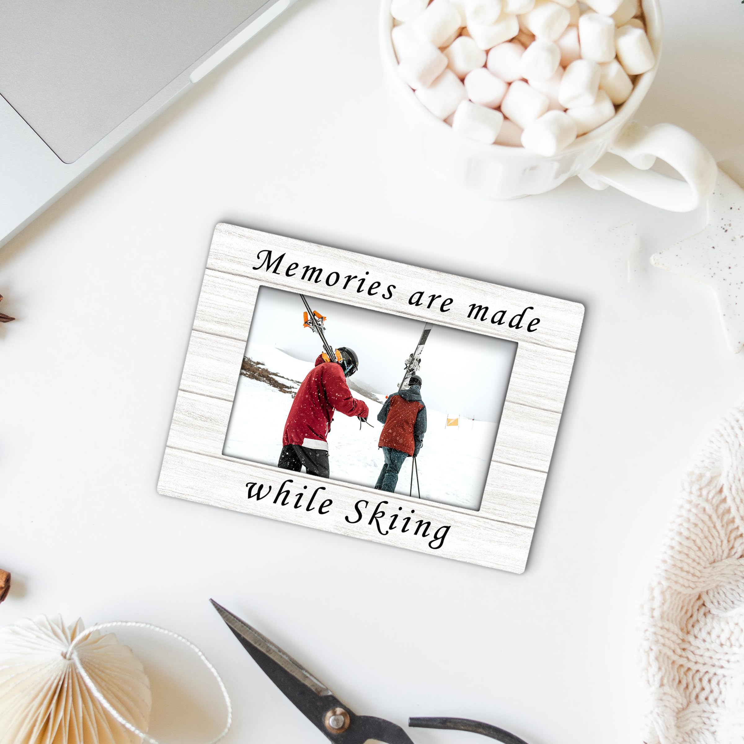 Ski Gifts Picture Frame 4x6, Ski Skiing Wooden Picture Frame, SkiGifts for SkiLovers Skier, Memories are Made While Skiing Decorative Photo Frames for Table Desk Ski Lodge Decor