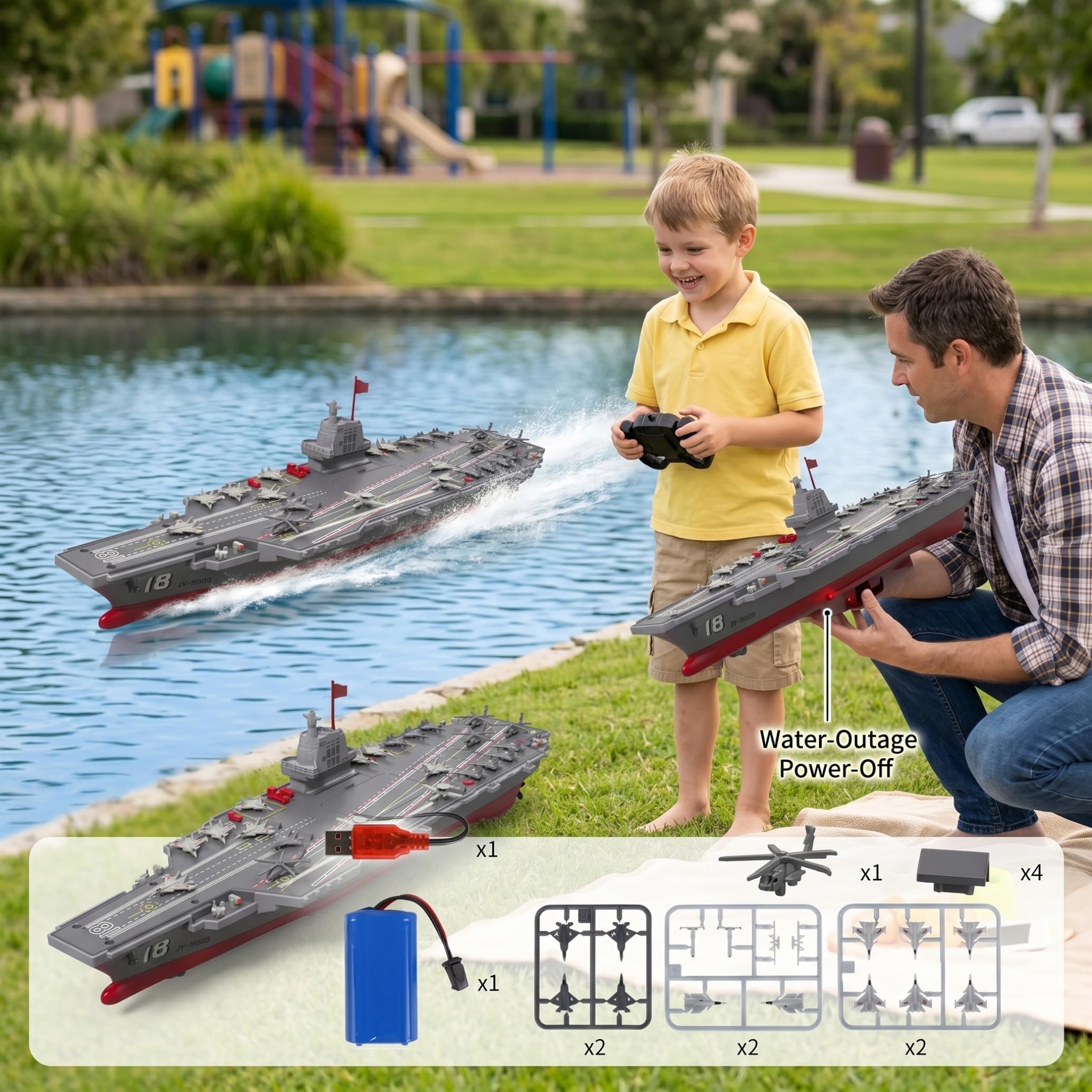 Barca telecomandata per Bambini, Nave da Guerra RC da 2, 4 g con interruzione di Sicurezza per l'acqua Corazzata RC Ricaricabile Tramite USB per Cortile, Piscina, Spiaggia, corazzata