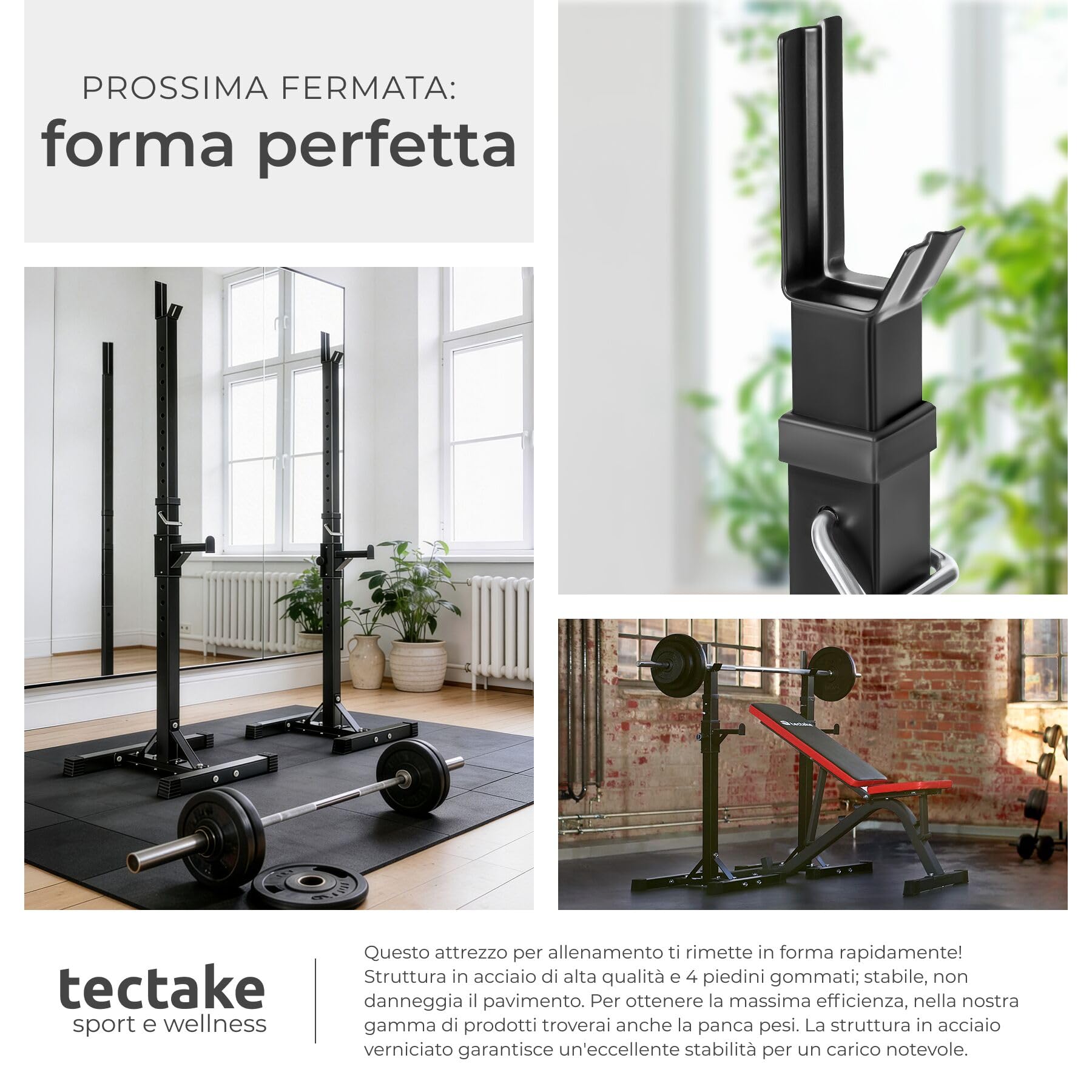 tectake® Supporto per Bilanciere Regolabile fino a 150 kg, Porta Bilanciere Palestra con Altezza Regolabile, Rack Squat per Pesi Palestra a Casa, Home Gym Sicura e Pratica, Nero