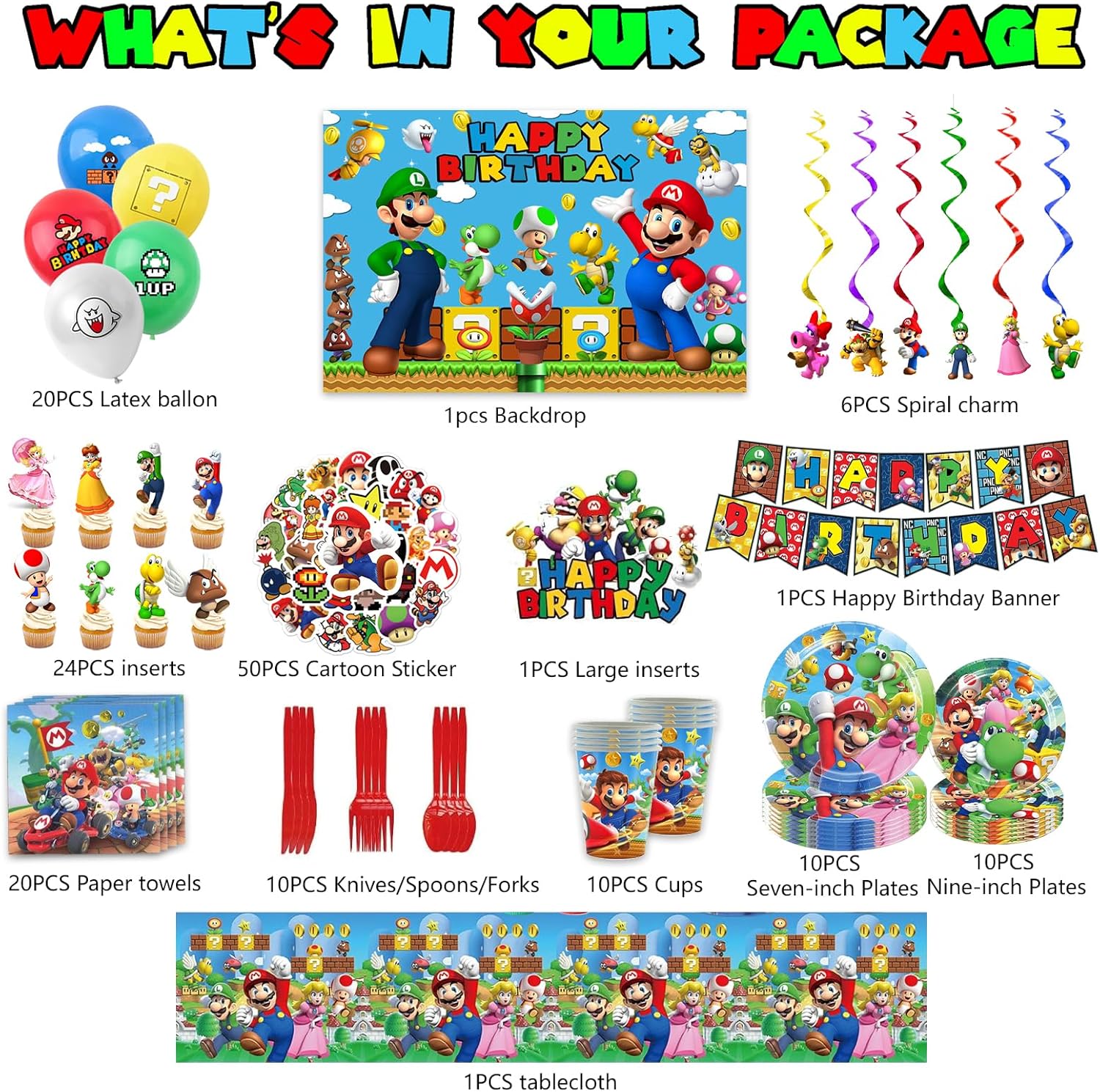 Birthday Party Supplies Ultimate Kit - 14-in-1 Decorations Set with Banner, Backdrop, Tablecloth, Balloons, Plates, Cutlery, Cake Toppers for Themed Parties