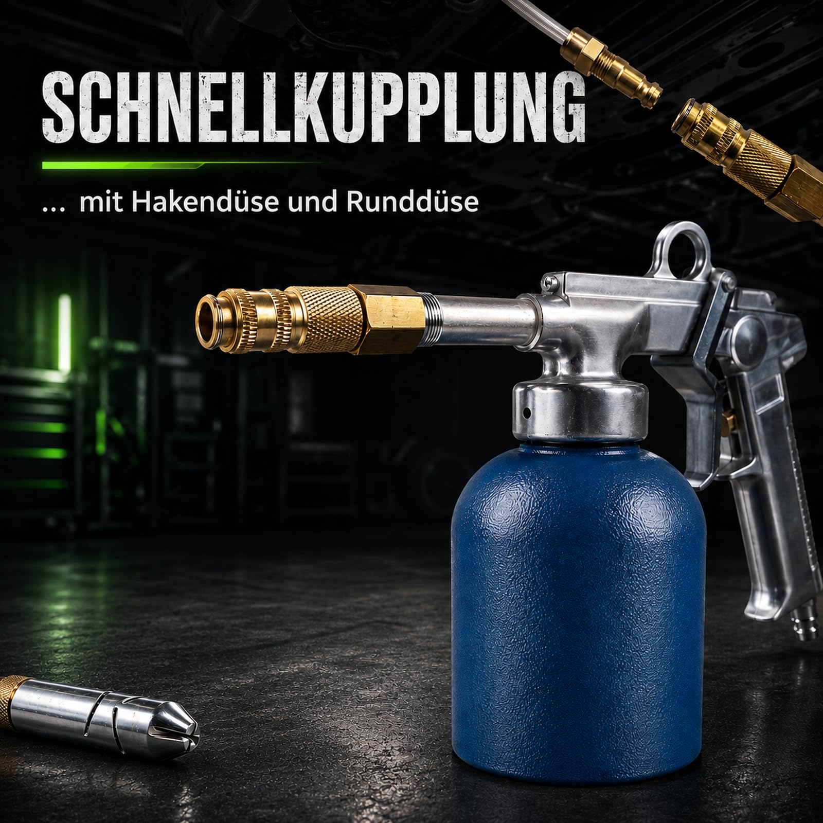TRUTZHOLM Druckbecherpistole mit 1100 ml Tank aus robustem Stahl 4-6 bar 1/4" Lufteinlass Hohlraumpistole zur Hohlraumversiegelung Unterbodenschutz inkl. Schläuche Hakendüse Runddüse