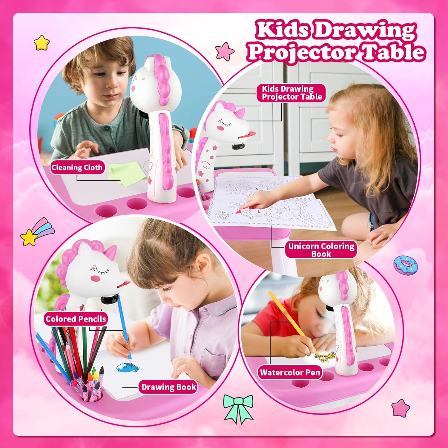 Drawing Projector for Kids, Art and Crafts, Drawing Board with Color Pens, Pencils, Crayons, Scrapbook, Unicorn Sticker Book, Ideal Toy for 3+ Year Old Girls & Boys (Unicorn Kit)