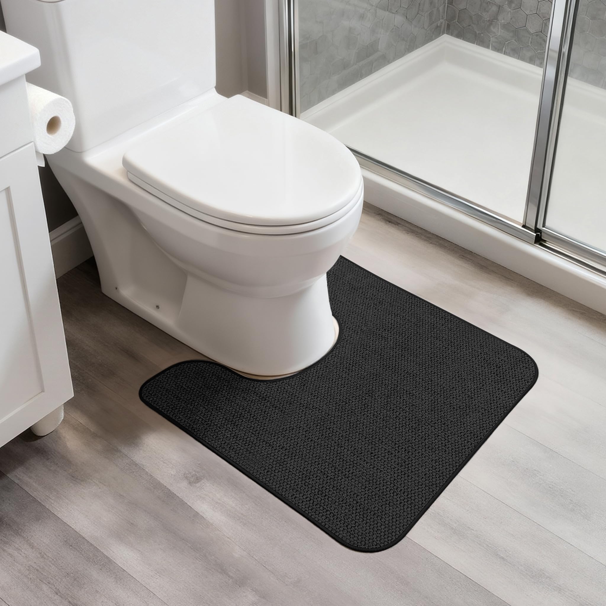Bosap Toilet Rugs U Shaped Bathroom Rug,Machine Washable Non Slip Quick Dry Super Absorbent Ultra Thin Toilet Mats for Bathroom Toilet.Black,1'8"x2'(