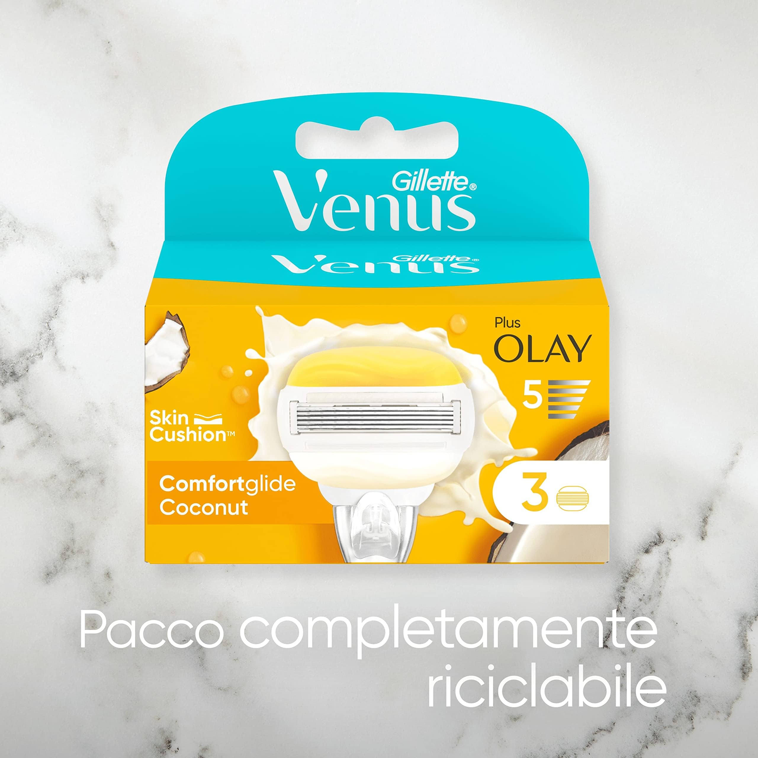 Gillette Venus Comfortglide damskie wymienne lamety do żeńskiej radzicy kokosowej plus Olaz, ostrza (5 ostrzy) do gładkiego, głębokiego golenia, poduszka nawilżająca do skóry Olaz, pomysł na prezent