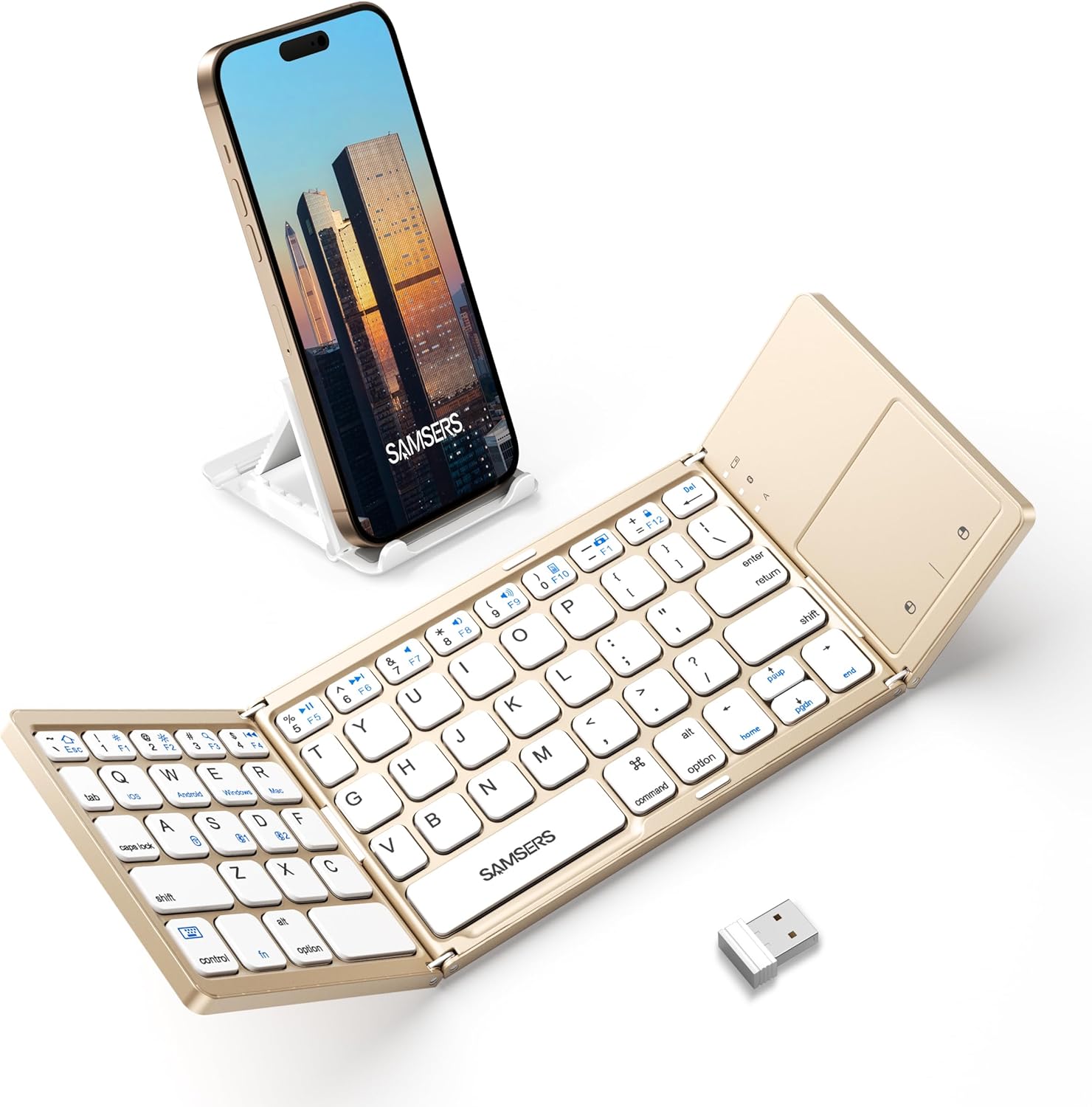 Samsers Multi-Device Foldable Bluetooth Keyboard with Touchpad, Rechargeable Dual-Mode(2.4G+BTx2) Wireless Keyboard with Holder, Portable Folding Keyboards for Android Windows iOS Mac OS - Gold 2.4G + BT x 2 Desert Gold