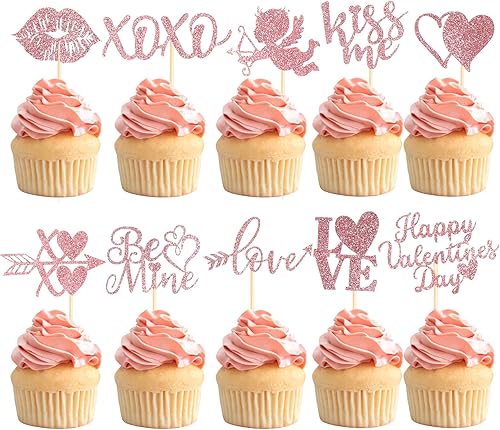 60 piezas de adornos para cupcakes con purpurina para el día de San Valentín, cupido, amor, corazón, labio, beso me sé mío, sé mío, XOXO, para