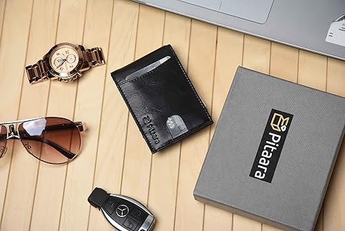 Miniatura 8 de Pitaara Cartera plegable de cuero genuino delgada hecha a mano con bolsillo frontal minimalista con bloqueo RFID y clip para dinero para hombres