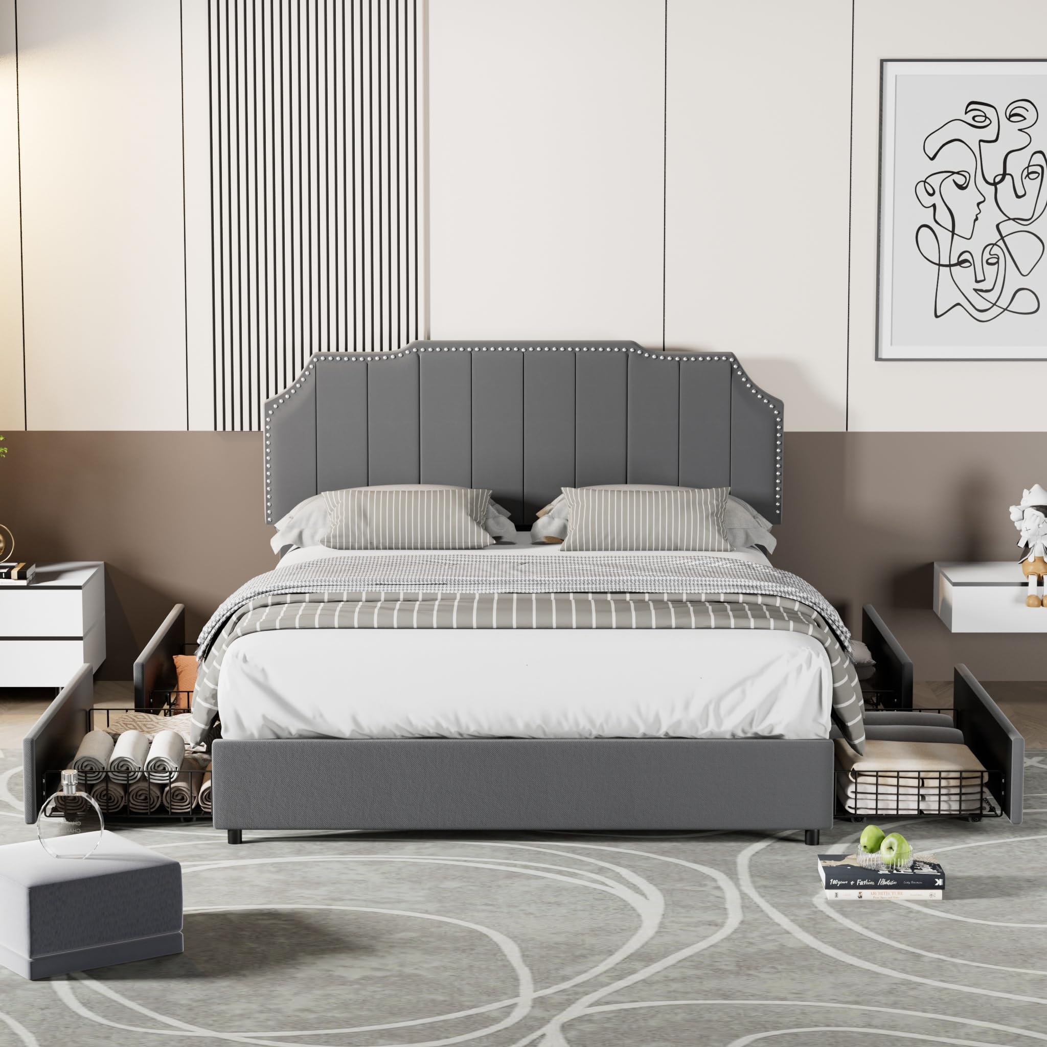 VECELO Queen Bed Frame Upholstered Platform with 4 Drawers&Tufted Adjustable Headboard/Mattress Foundation/Wood Slat Support,Easy Assembly,Dark Grey