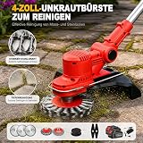 Coupe-bordures et débroussailleuse sans fil, 21 V, avec 2 batteries, 4 types de lames + 1 sécateur, manche de guidage télescopique réglable, pour jardin, pelouse, bords de trottoir, rouge - 4