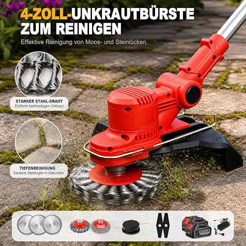 Coupe-bordures et débroussailleuse sans fil, 21 V, avec 2 batteries, 4 types de lames + 1 sécateur, manche de guidage télescopique réglable, pour jardin, pelouse, bords de trottoir, rouge - 4