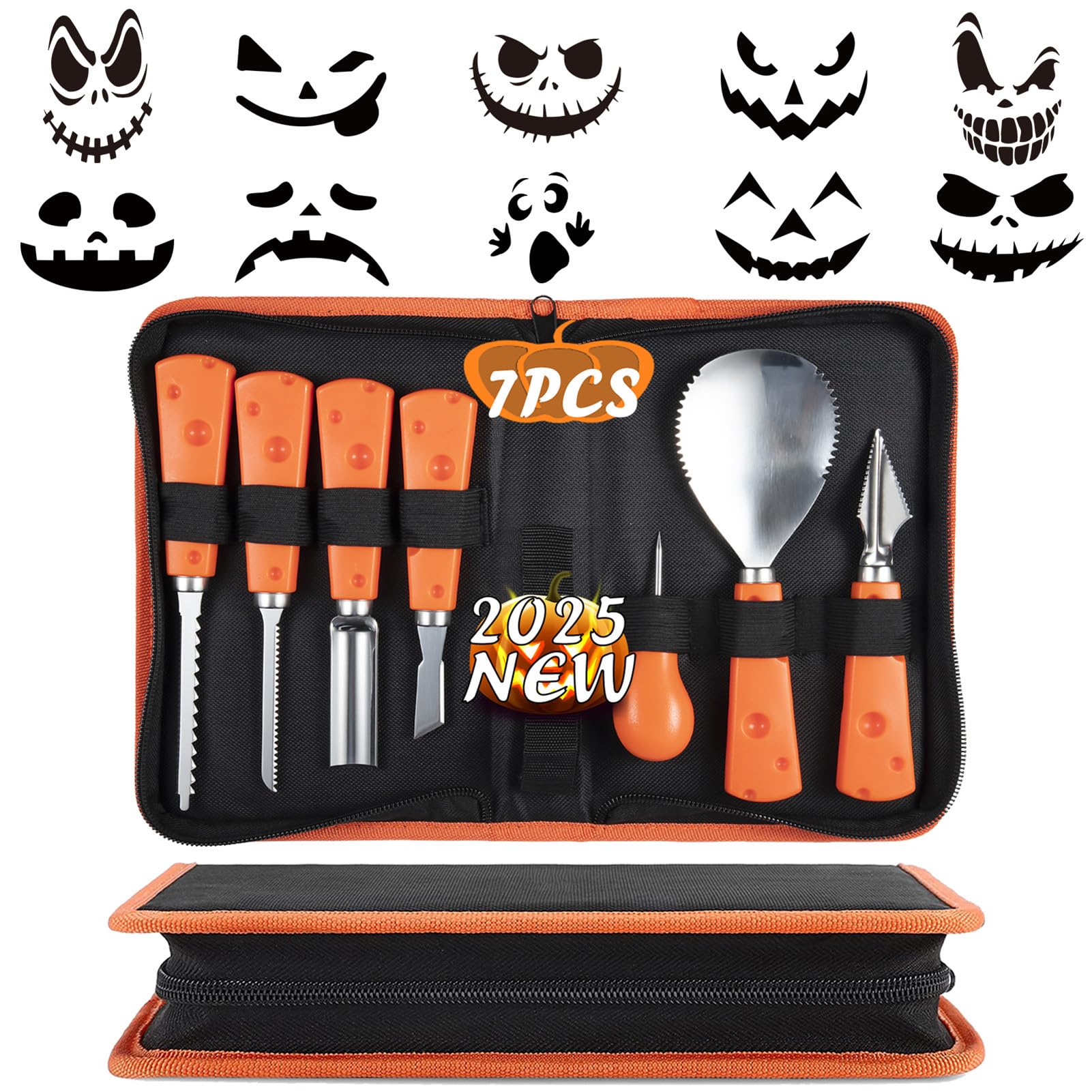 ENVEL Halloween Pumpkin Carving Kit, 7 Pcs Professional Stainless-Steel Pumpkin Tools Set Heavy-Duty Steel Cutting Easily for Art Crafts,Adults Kids