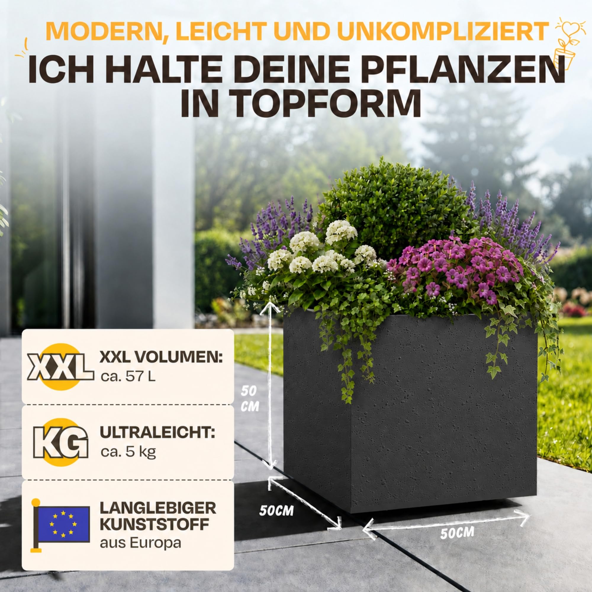 Ondis24 Pflanzkübel Blumenkübel Blumentopf Basalt 40 mit Wasserspeicher Winterfest (Anthrazit Basalt)