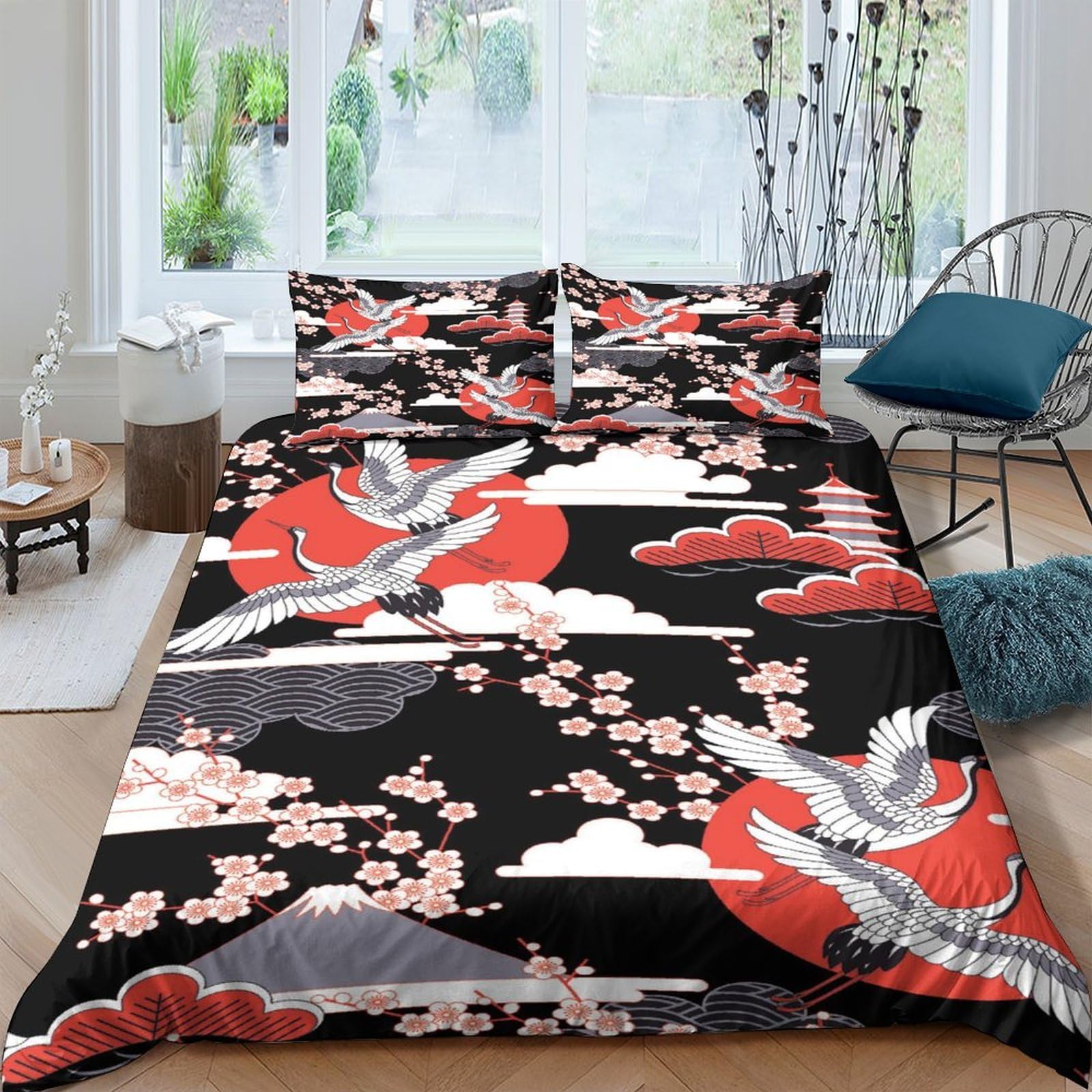 GPLZQXKJNH 3D Printed Japanese Crane Duvet Cover Microfiber Black Red Sakura Quilt Cover with 2 Pillowcases for Bedroom Decor Single（135x200cm）