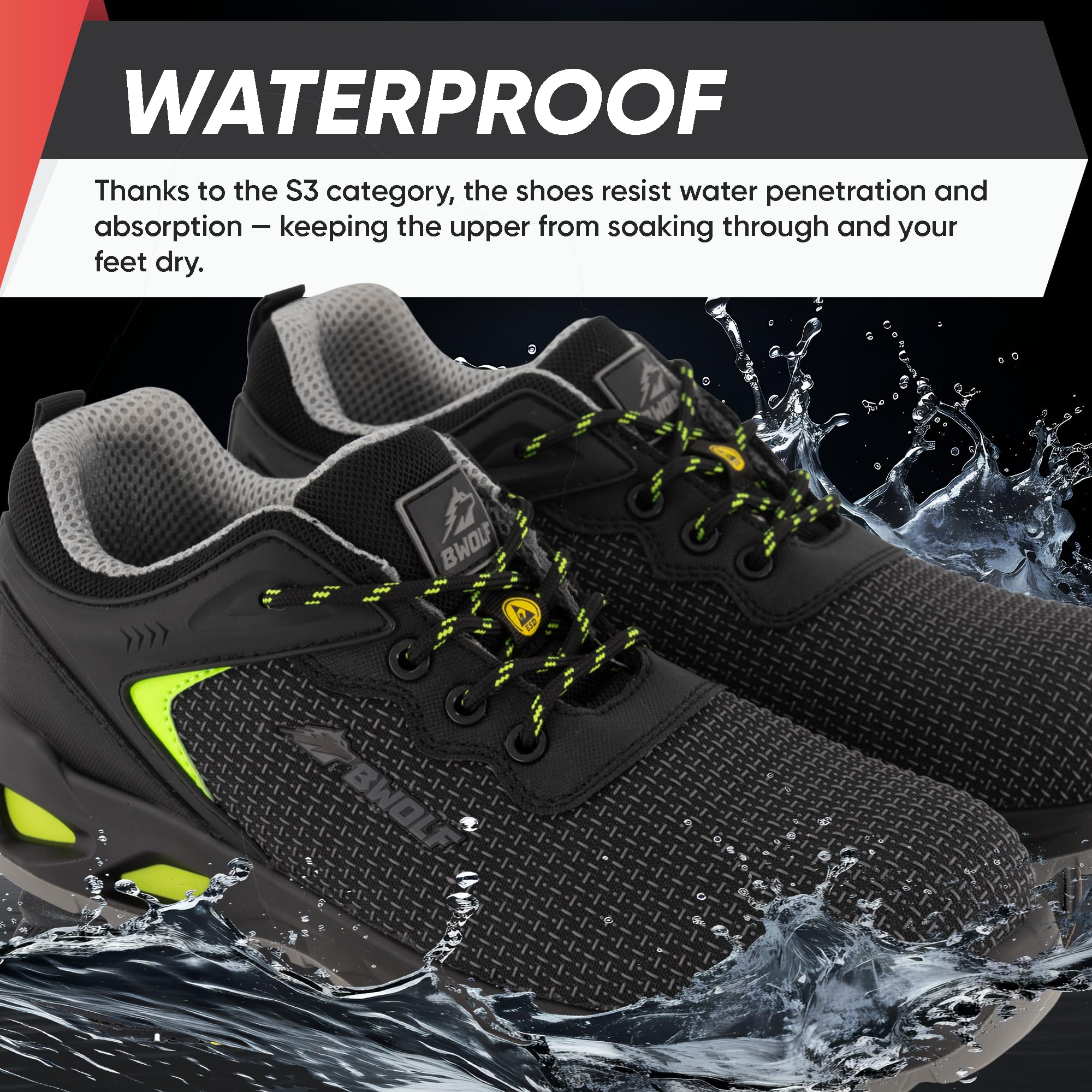 BWOLF Skyler S3S Arbeitsschuhe Herren S3S Sicherheitsschuhe Herren S3 PUTEK wasserdicht, rutschhemmend 4x4 Grip Tech, Ergo Sohlen (Schwarz, EU Schuhgrößensystem, Erwachsene, Numerisch, M, 40)