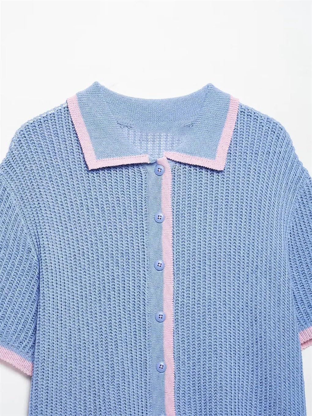 Women's Summer Knitted Polo Two Piece Set Short Sleeve Top High Waist Shorts Elegant Suit