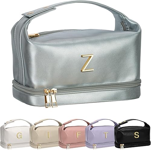 Vista 133 de Regalos Vogewood para mujeres, bolsa de maquillaje personalizada con asa, bolsa de cosméticos inicial de doble capa con organizador de brochas