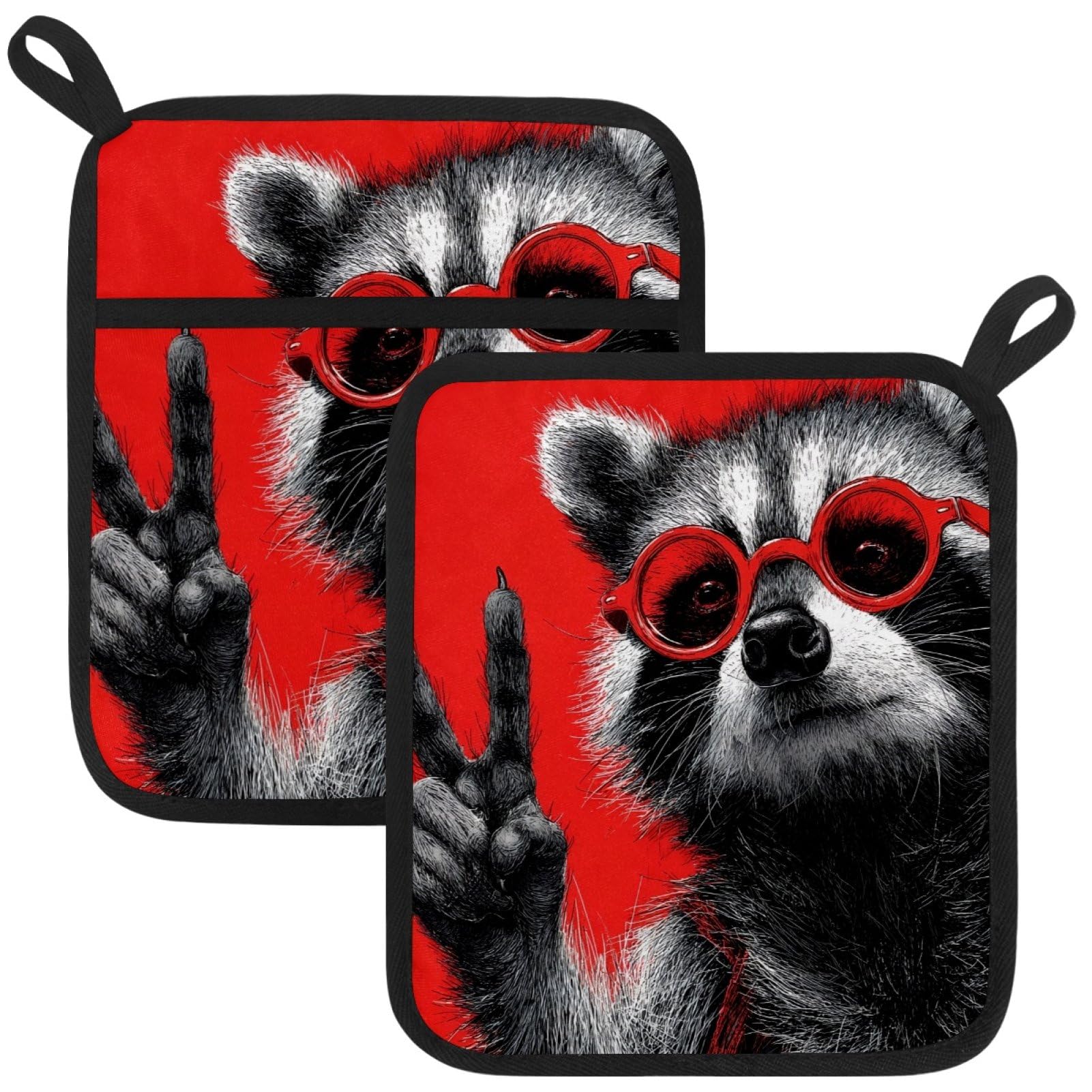 VAPOKF Funny Raccoon Heat Resistant Pot Holders, Thick Pot Holders Pad with Hanging Loop for Kitchen, Oven Cloth Pads for Kitchen Baking Microwave Oven