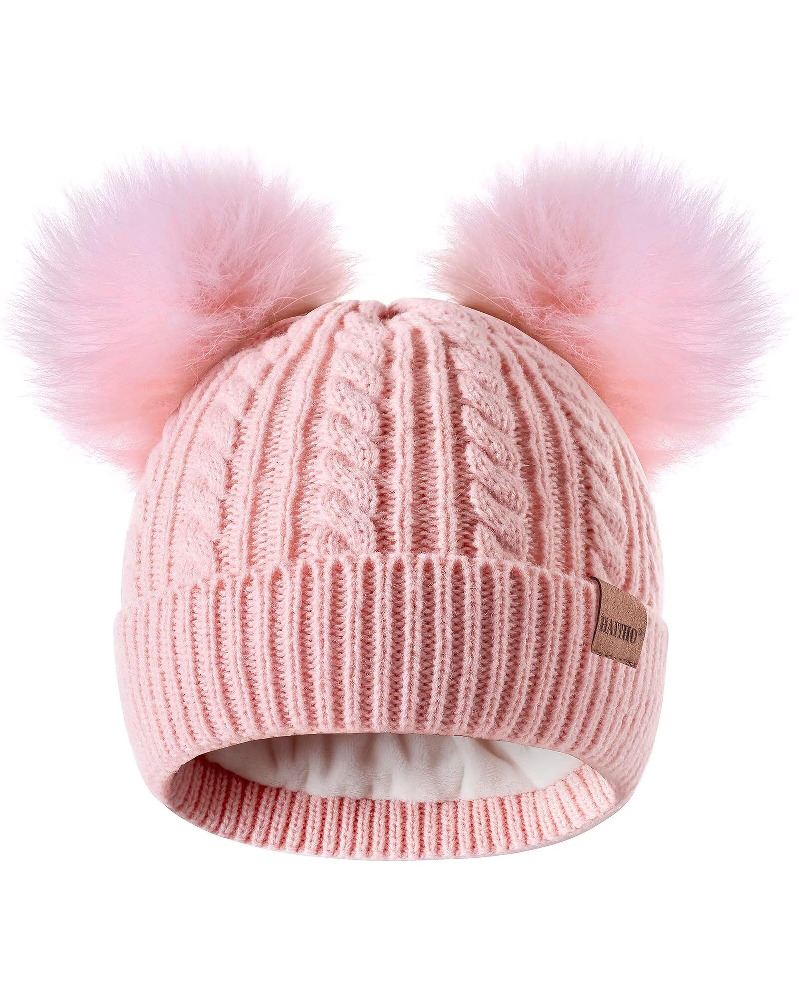 HAITHO Winter Hat for Kids Toddler Children, Girls Beanie with Double Pom Pom Warm Fleece Lined, Girls Accessories Knit Cap