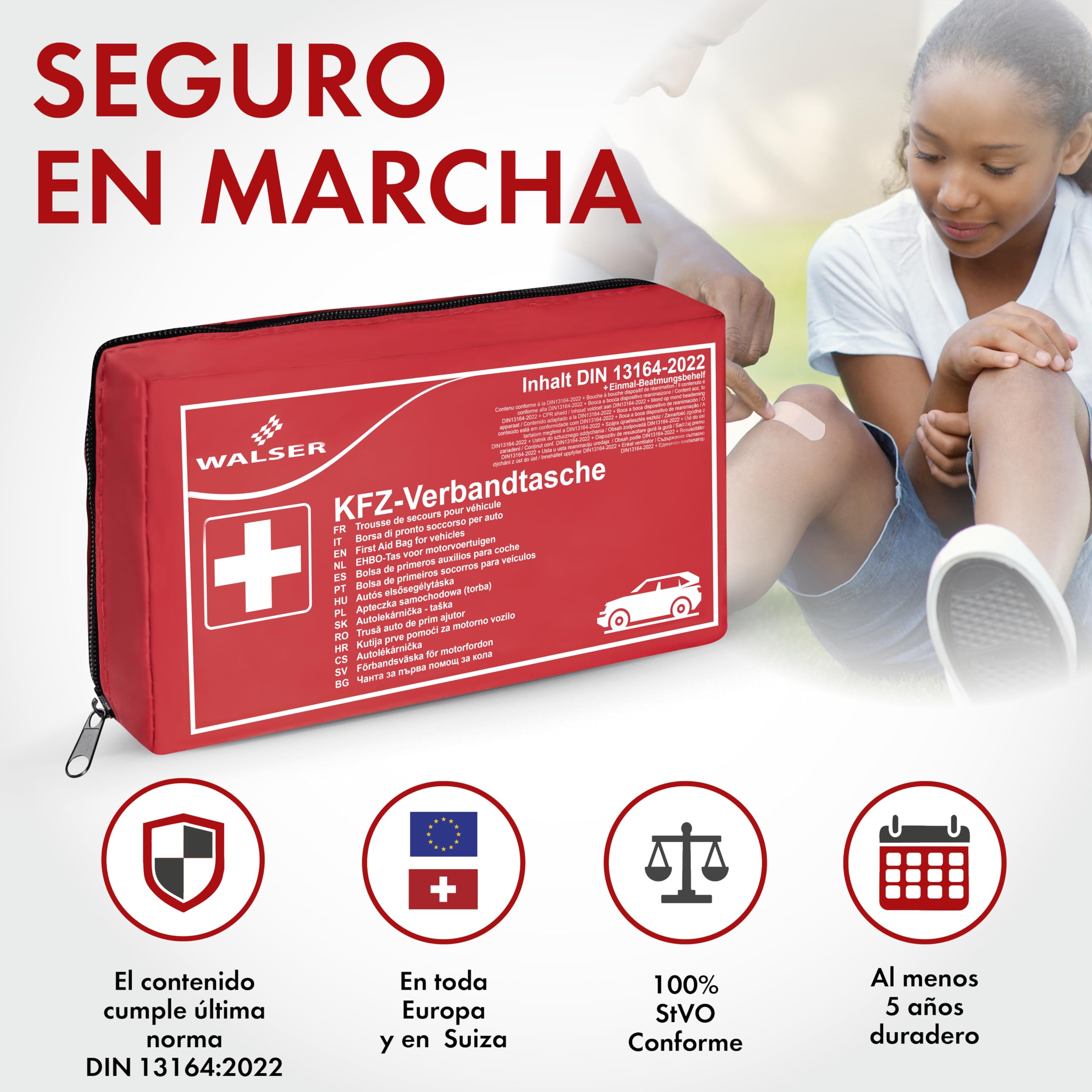 WALSER Bolsa de primeros auxilios para coche DIN 13164:2022 kit rojo 44283
