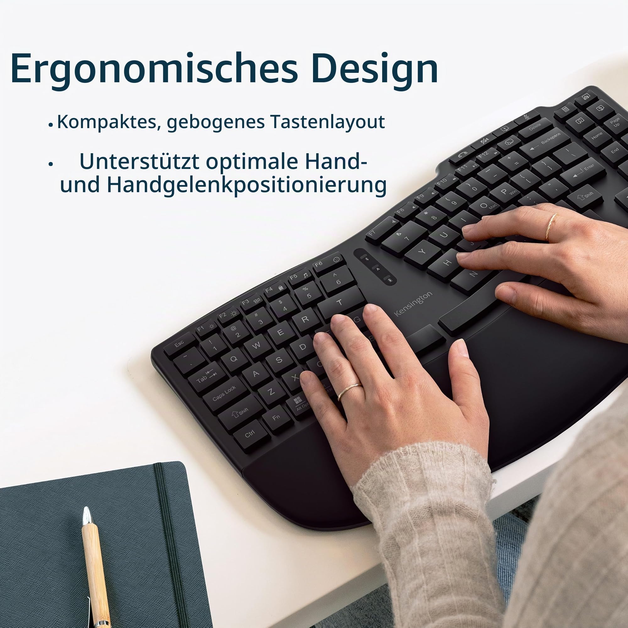 Kensington Pro Fit Ergo KB675 EQ Tastatur, QWERTZ, 2,4 GHz Bluetooth, kabellose, aufladbare TKL-Tastatur, kompatibel mit Windows und macOS, aus 43 % Post-Consumer-Recyclingmaterial (K75491DE)