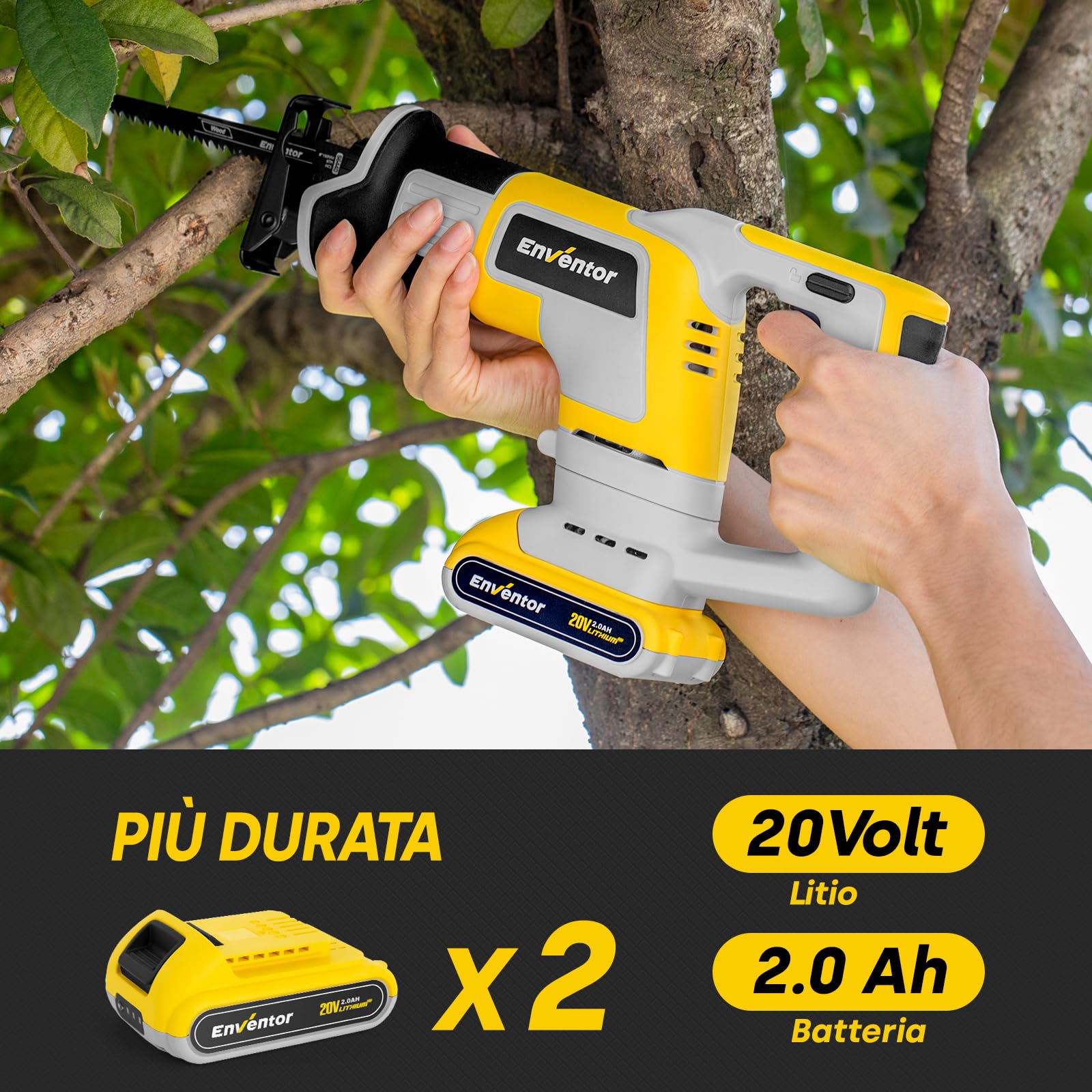 Enventor 20V Gattuccio a Batteria, Sega a Gattuccio con 2x2.0Ah Batterie, 5 Lame, Velocità Variabile 0-3000SPM, Taglio Massimo 115mm, Per il Taglio di Legno e Metallo