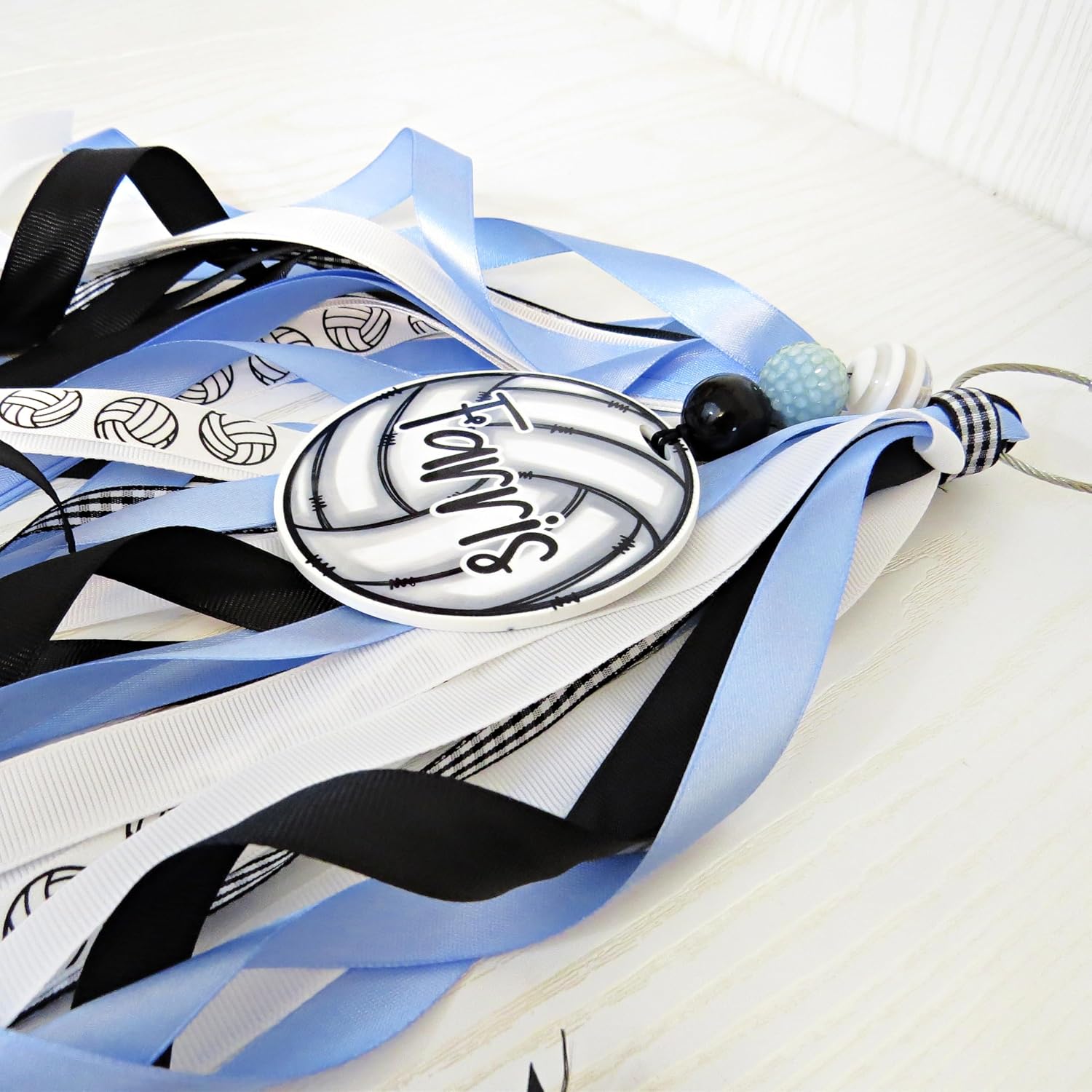 Personalized Volleyball Bag Tag with Ribbon - Custom Name Gift for Girls- Pin Me Backpack Sports Bag Gift – Acrylic Ribbons Beads Accessory - You Choose Colors
