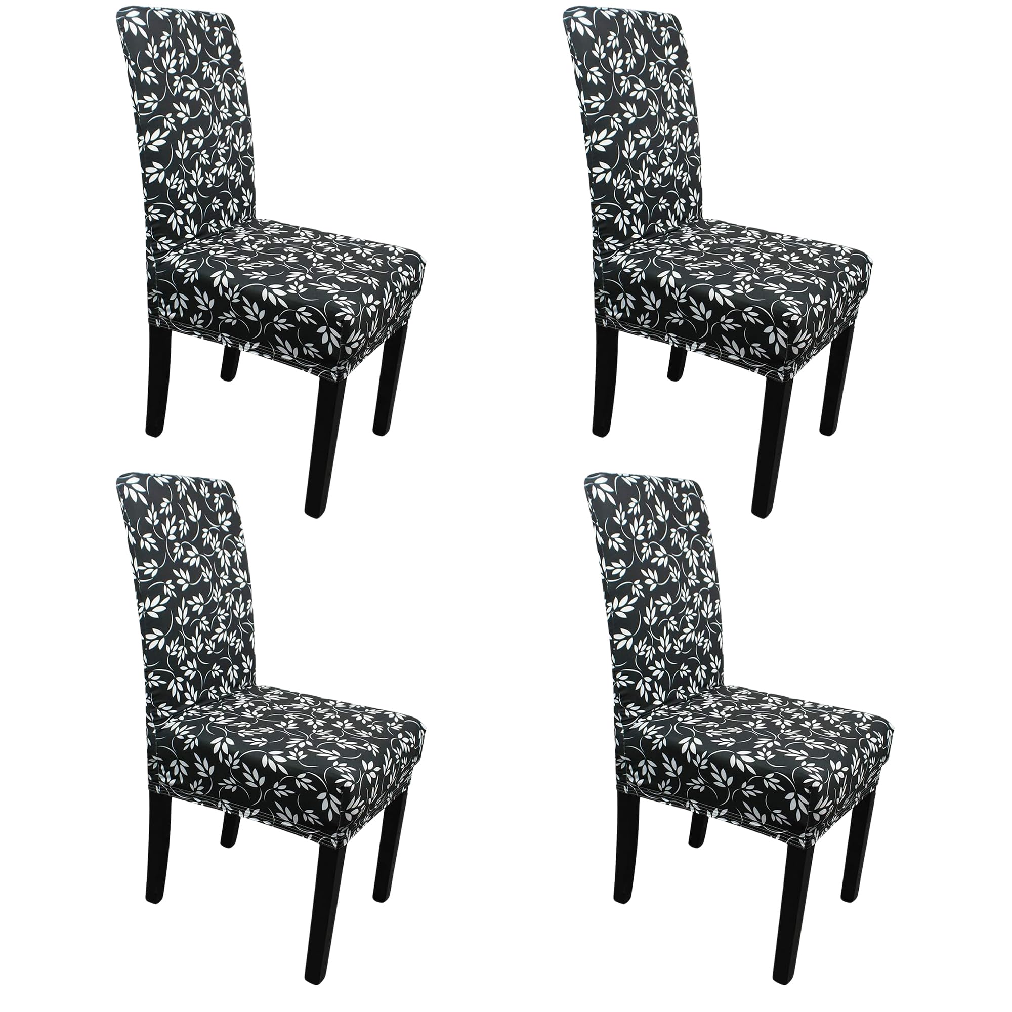 Printed High-Back Chair Covers for Dining Room Chairs – Spandex Stretch, Universal Armless Chair Protective Slipcover for Kitchen, Party, Banquet & Hotel, Floral Tropical Leaves - Black, Pack of 4 — image 1