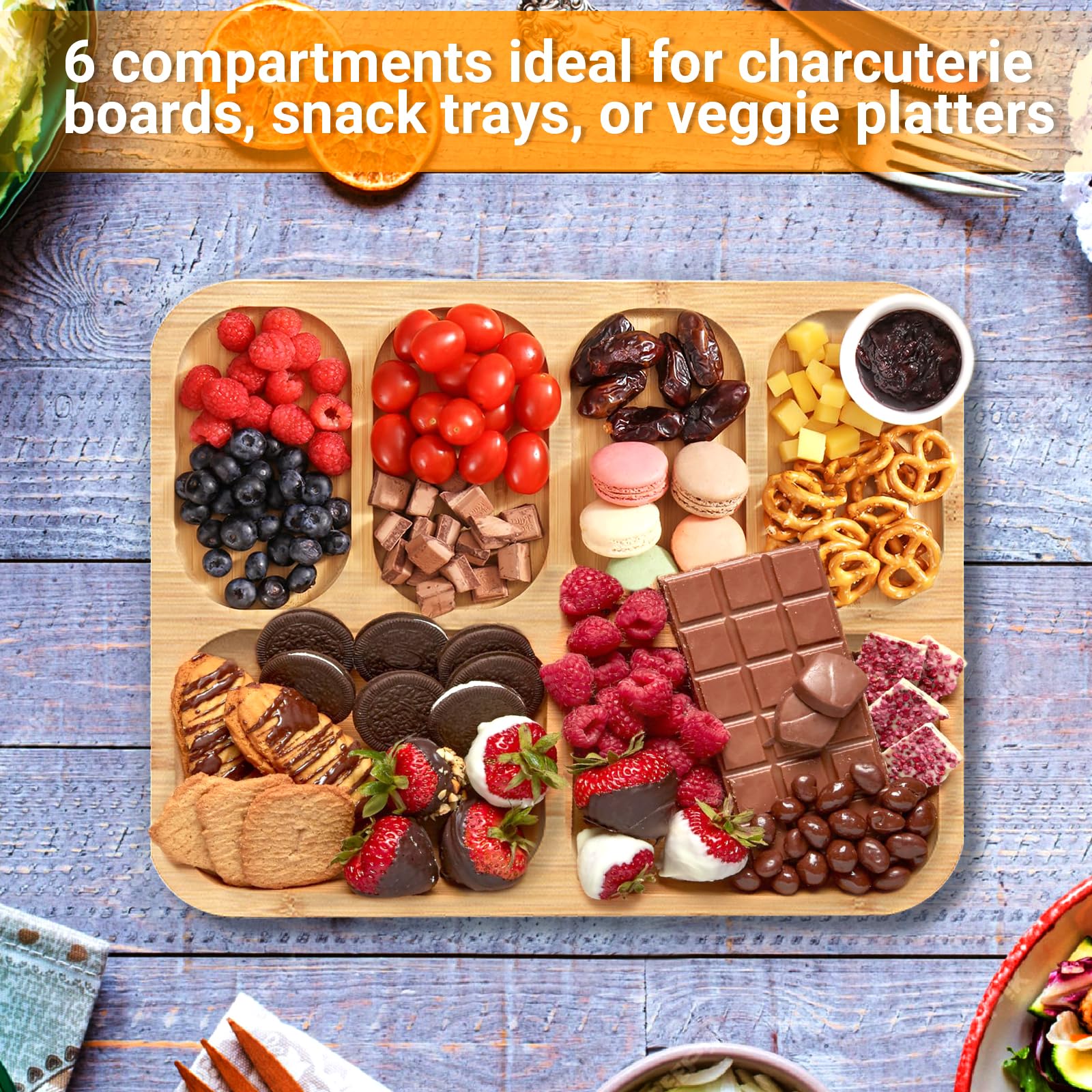 Planche à charcuterie en bambou avec couvercle et poignée, 6 compartiments, plateau à fromage avec couvercle verrouillable, cadeaux pour couples, mariage, fiançailles, pendaison de crémaillère,