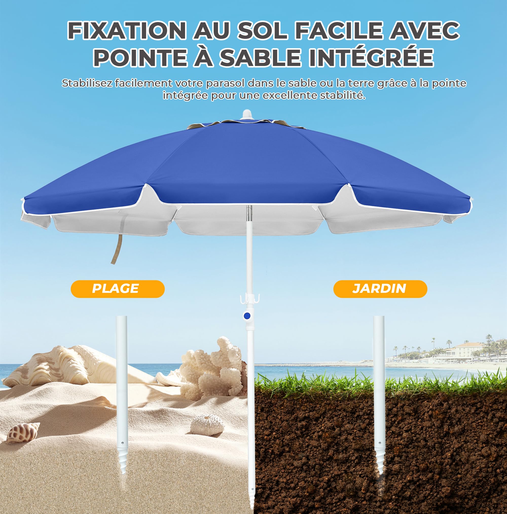 Palawano 1.6M Parasol Plage Inclinable Anti UV et Vent, Parasol de Jardin Exterieur UPF 50+, Ombre Solaire Extérieure Portable pour Jardin, Plage, Piscine, Patio (Bleu Clair)