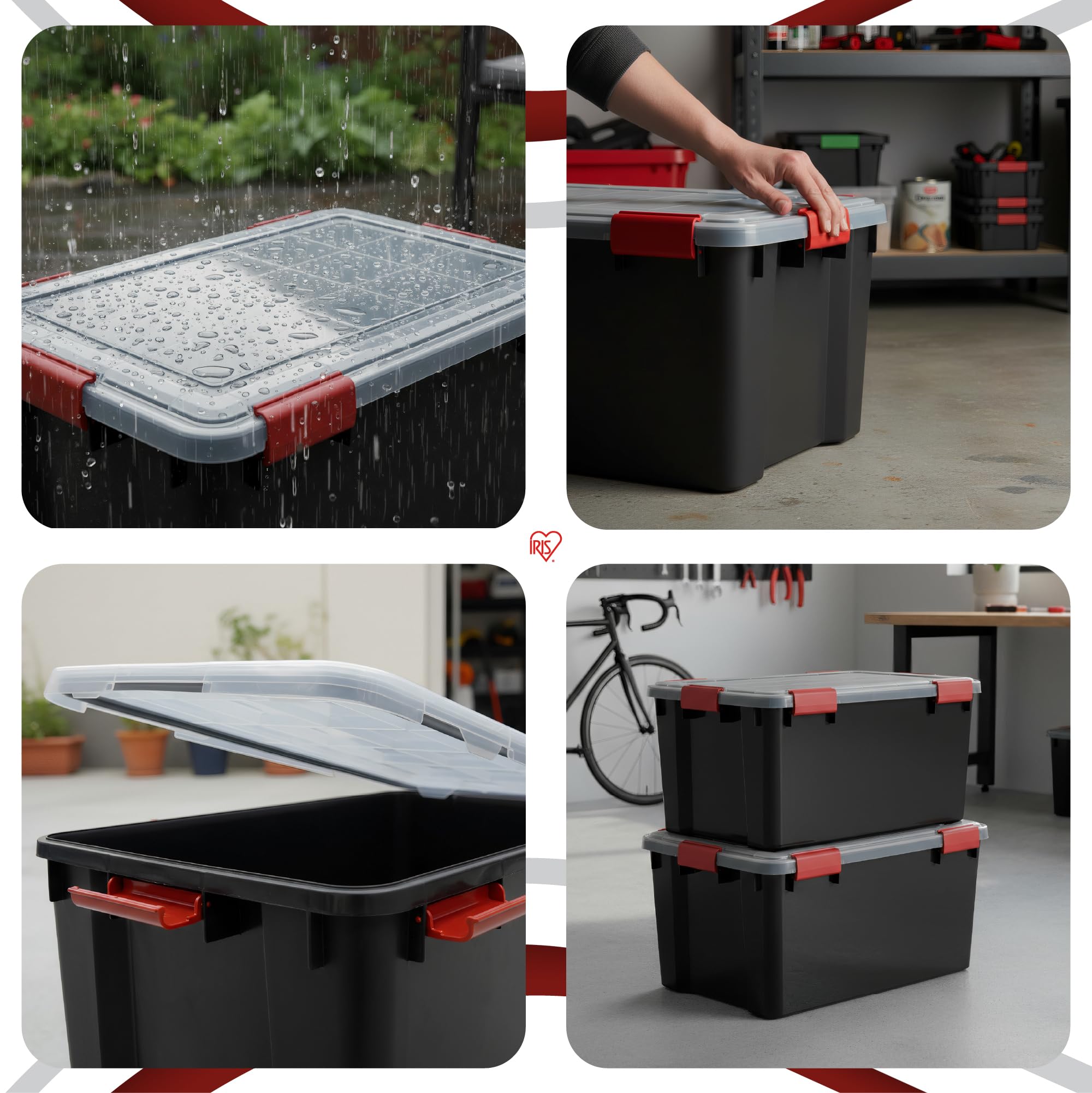 Iris Ohyama, Scatole Portaoggetti Ermetiche in Plastica, 50L, Set di 2, Nero, Coperchio Impermeabile, con Chiusura, Impilabile, Per Esterni, Garage, Vestiti, Antipolvere, Senza BPA, AT-L
