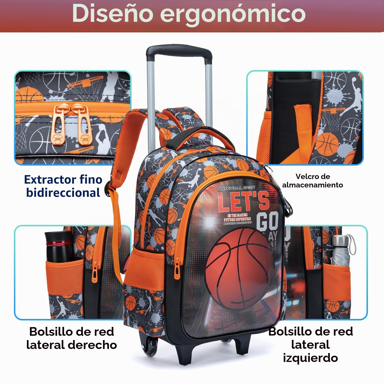 Mochilas Escolares con Ruedas Carro Niño 17" 3PCS Mochila Carrito para Trolley Escolar Bolso de Viaje Estuche Stitch Chicos Maleta Colegio Grande Medianas Infantil Niños Baloncesto Rojo