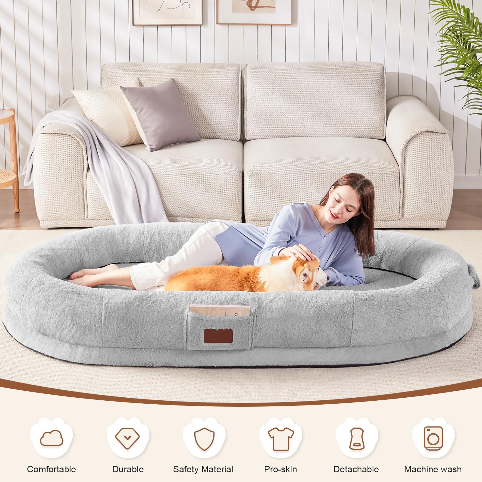 Lit pour Chien et Humain pour Adultes, 180 x 122 x 25 cm - Grand Sac de Haricots avec Couverture, Lit Ovale Lavable en Fausse Fourrure, Mousse à Mémoire Détachable de Grande Taille, Lit pour