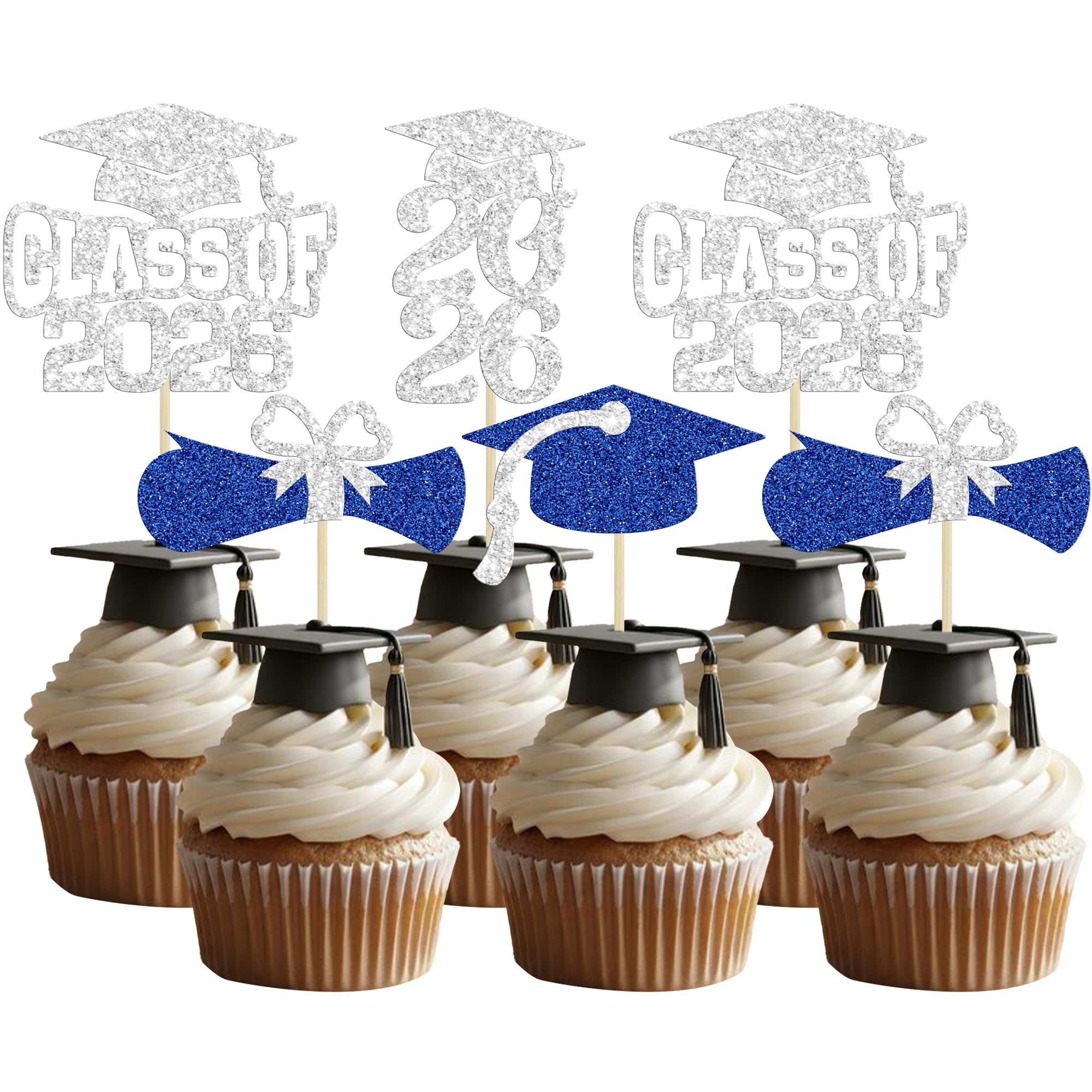 Ephlyn 36Pcs 2026 Graduation Theme Cupcake Toppers Glitter Class of 2026 Cupcake Picks Diploma Grad Cap Cake Decorations for 2026 Graduation Theme Party Supplies Silver Blue