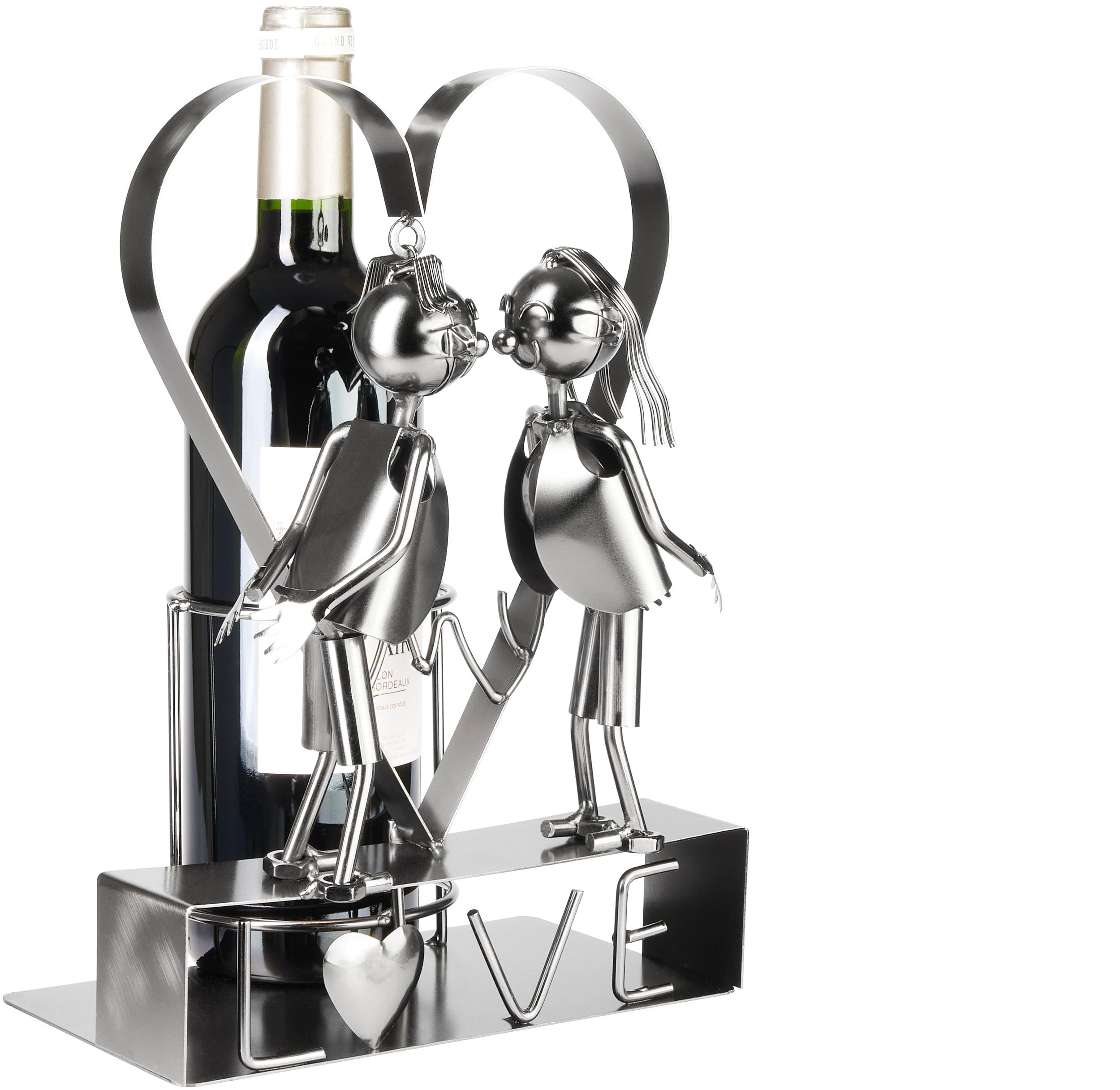 BRUBAKER Weinflaschenhalter Love Liebespaar im großen Herz - Metall Flaschenhalter - 29 cm Wein Geschenk für Paare zum Valentinstag, Hochzeit oder Geburtstag - Flaschenständer mit Grußkarte