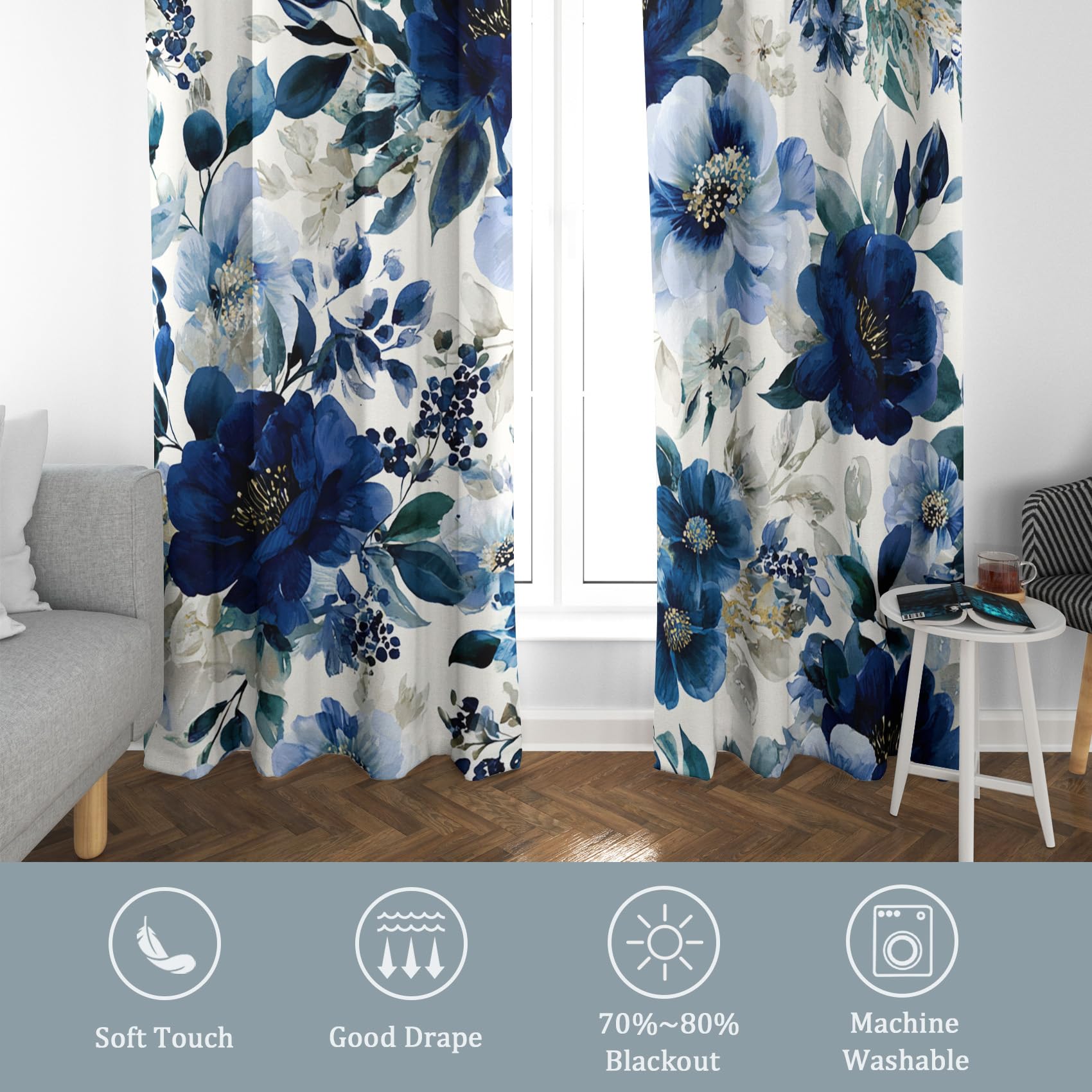 Generisch Blickdichte Vorhänge Aquarell Blume Muster, H 160 x B 140 2er Set - Blaue Blume Natur Fenster Gardinen mit Ösen, 160 cm Lang Curtains Wohnzimmer Schlafzimmer Deko S&ZA-85