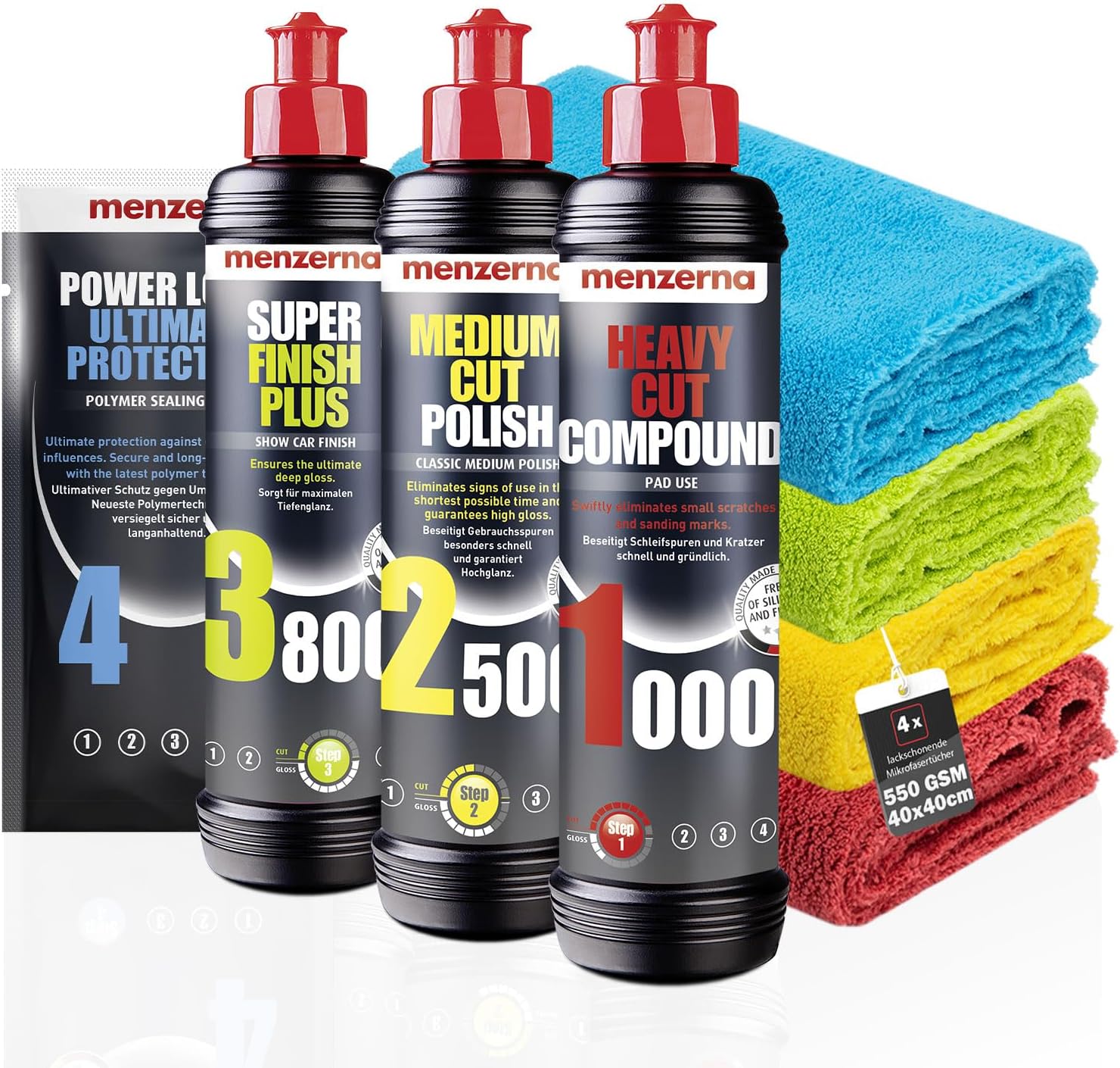 etailmate Menzerna Car Polishing Set: Menzerna Car Polishing 250ml + Menzerna Standard Pads (Hard Cut, Medium Cut, Soft Cut) Microfiber Towels 40x40cm, 550GSM