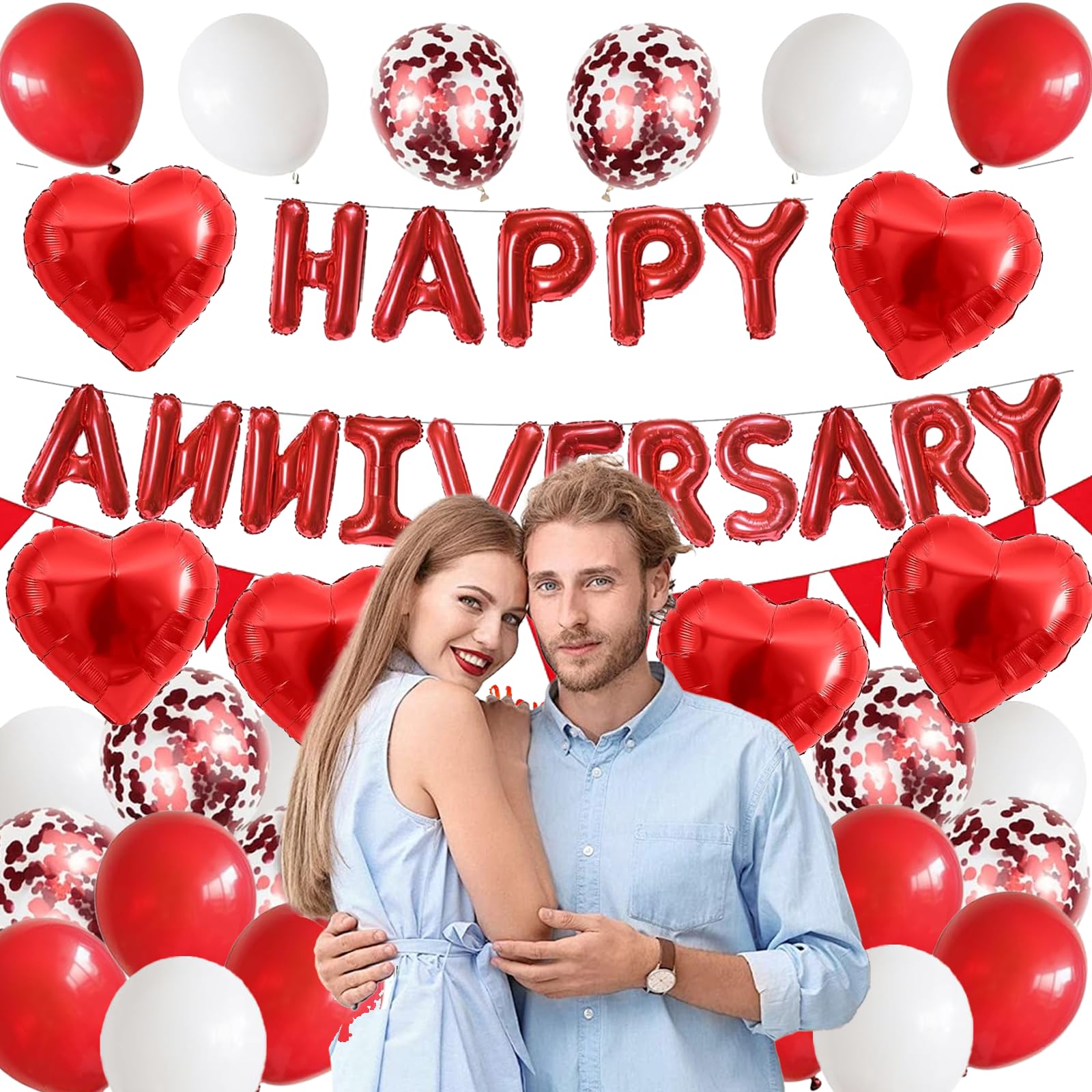 Happy Anniversary Decorations, 48Pcs Red Romantic Wedding Decoration Set including Heart Foil Balloon - Image 4
