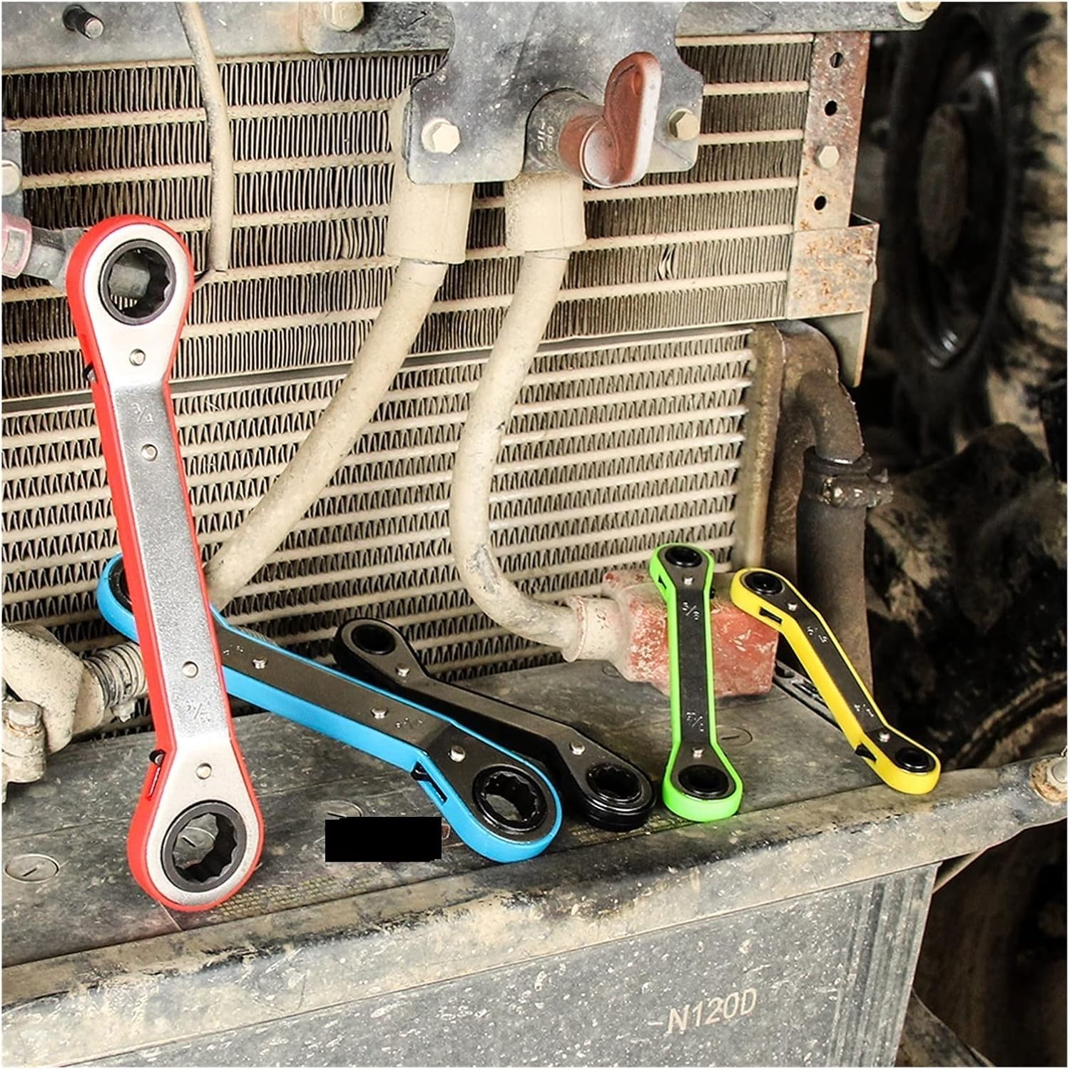 yaoqijie 5 Pcs Offset Box End Ratchet Spanner Double Ring Wrenches Crooked for Narrow Spaces Five Colors Metric Lasting Wrenches