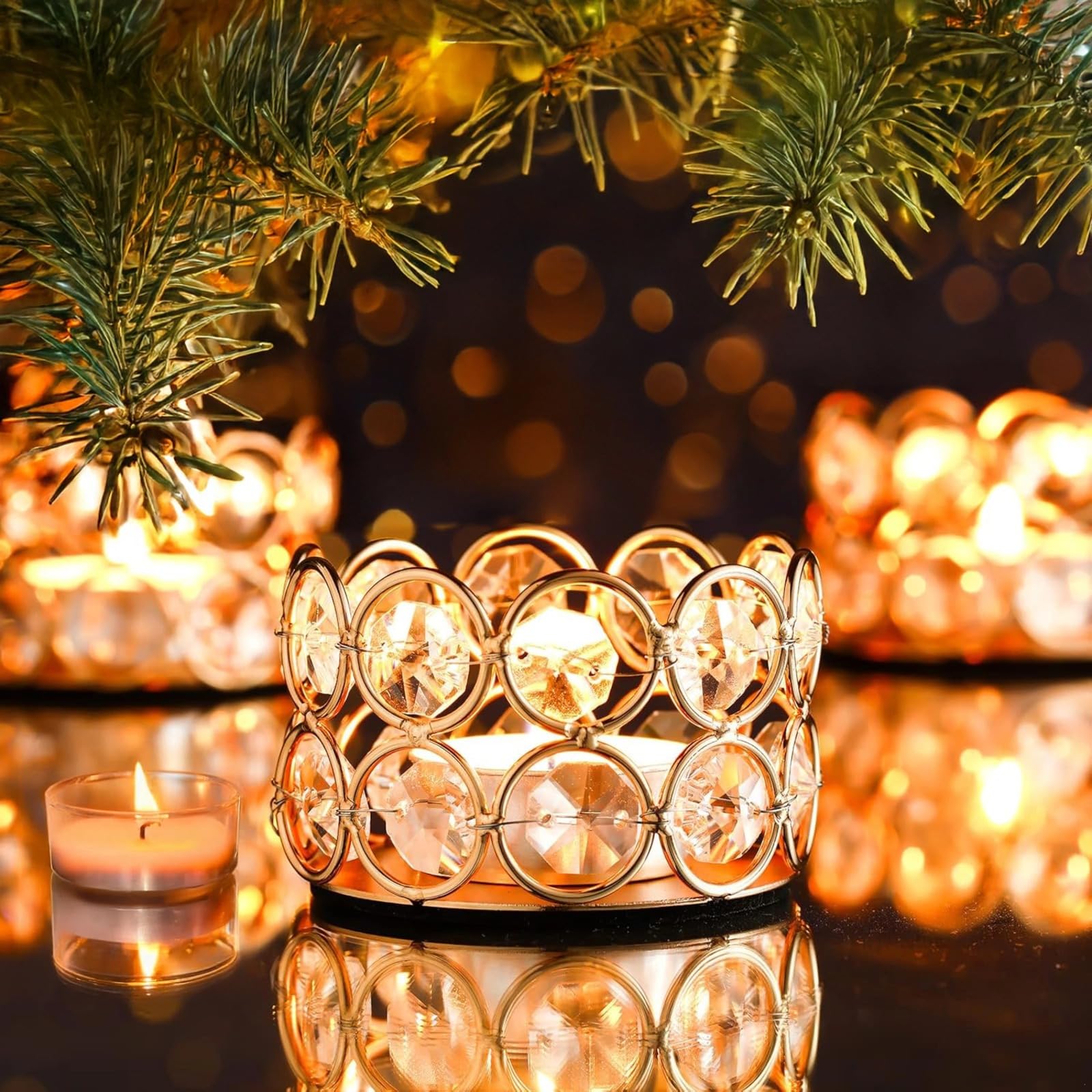 12 portacandele in cristallo con struttura in metallo dorato e design con strass, eleganti centrotavola per matrimoni e feste