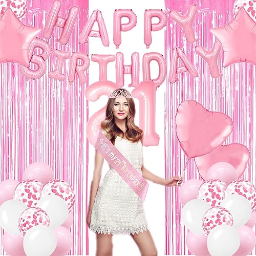 Miniatura 5 de Decoraciones de cumpleaños 21 para ella, decoraciones de cumpleaños de 21 años moradas y doradas, pancarta de feliz cumpleaños, cortinas de