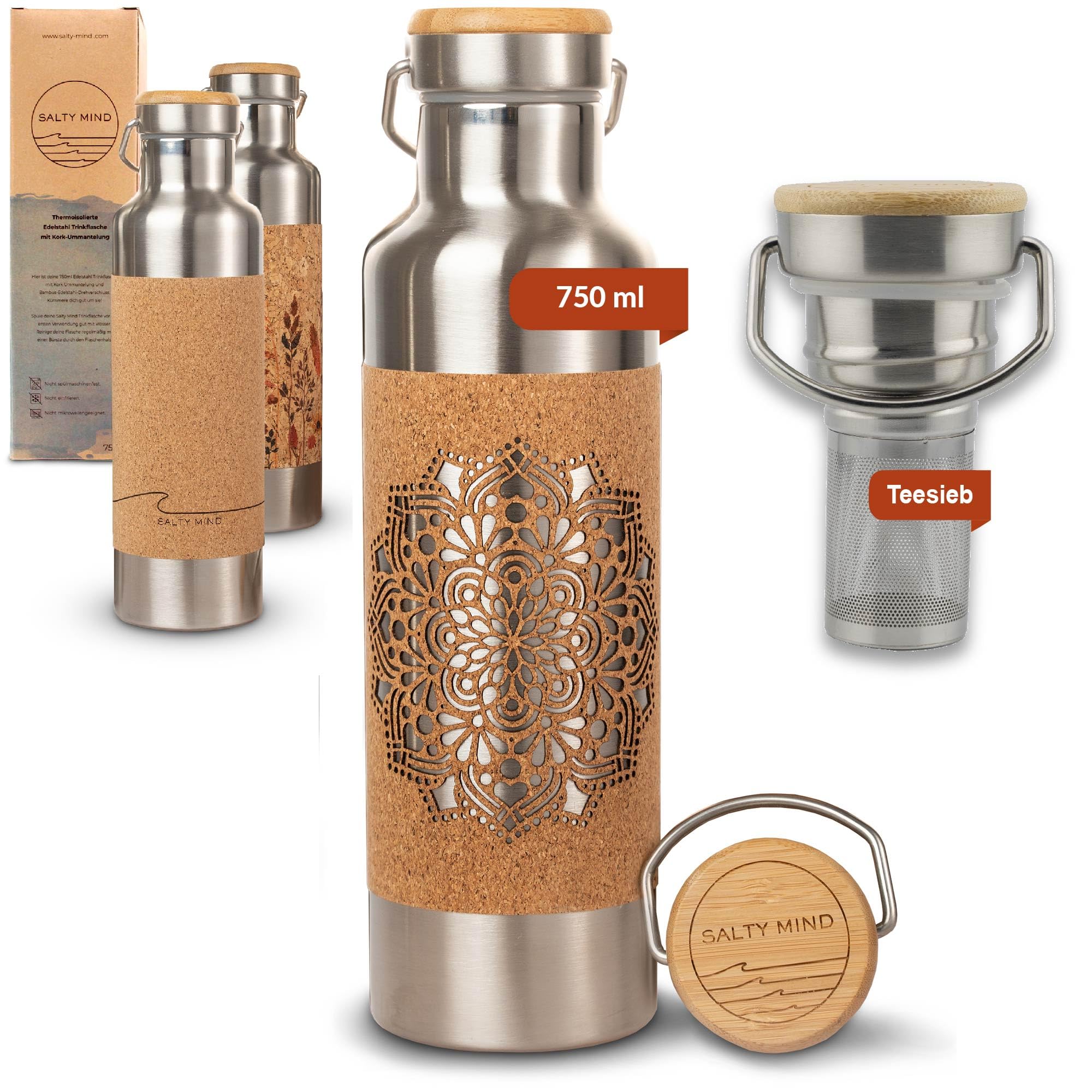 Borraccia termica in acciaio inox, 750 ml, a prova di perdite, senza sostanze nocive, insapore, senza BPA, sughero, yoga, ufficio, all'aperto (mandala + colino da tè)