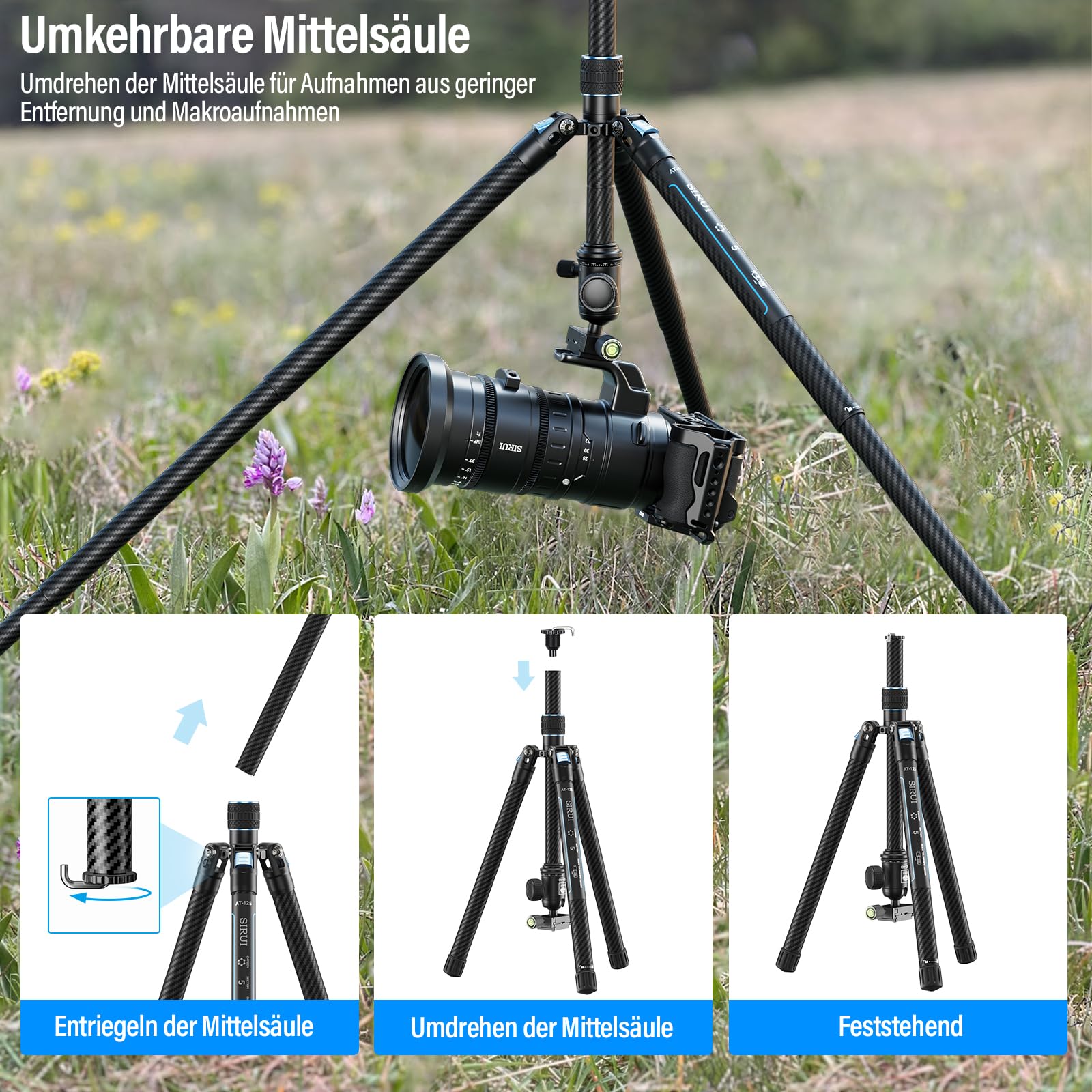 SIRUI Carbon Stativ Kamera BG40 360° Kugelkopf Höhe 152cm 900g Leichtes Reisestativ Schnellwechselplatte DSLR Camcorder Traglast 10kg Traveler X-III