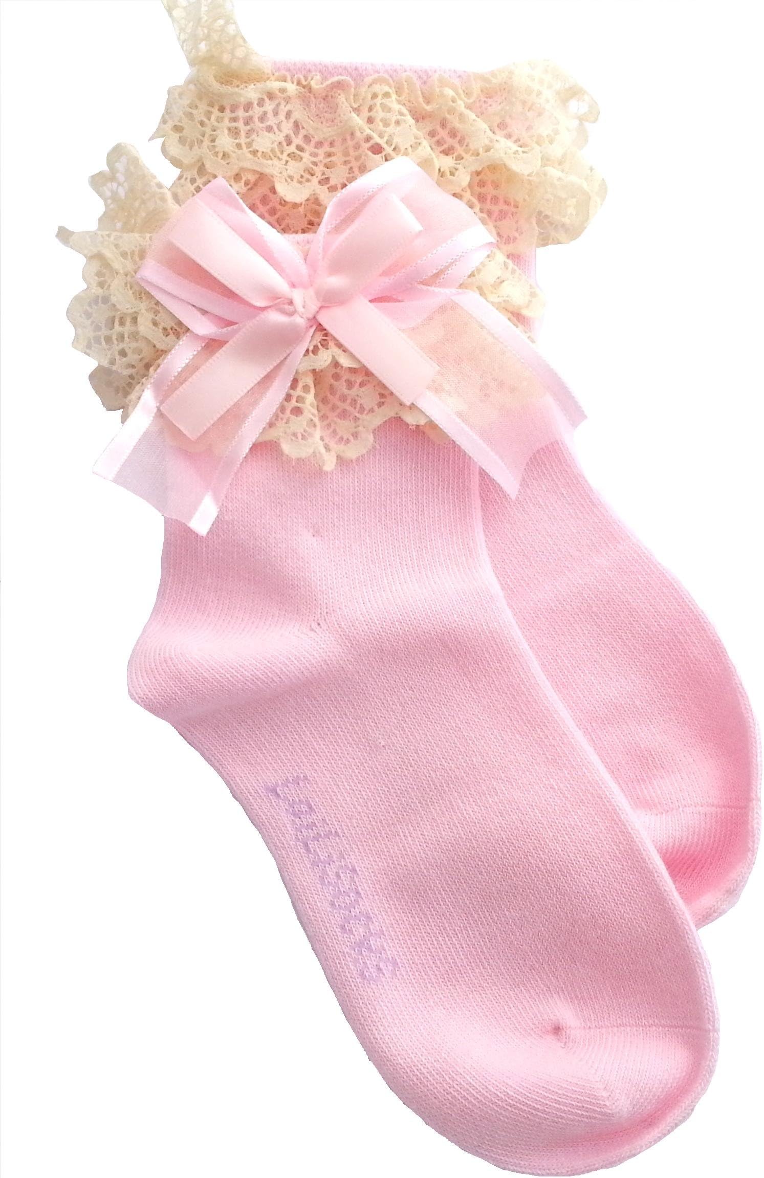 Baby/Girl Pack of 2 Super Soft Lace Frilly PINK Ankle Socks Age 1 2 3 4 5 6 7 8 9 10 (AGE 1-3)