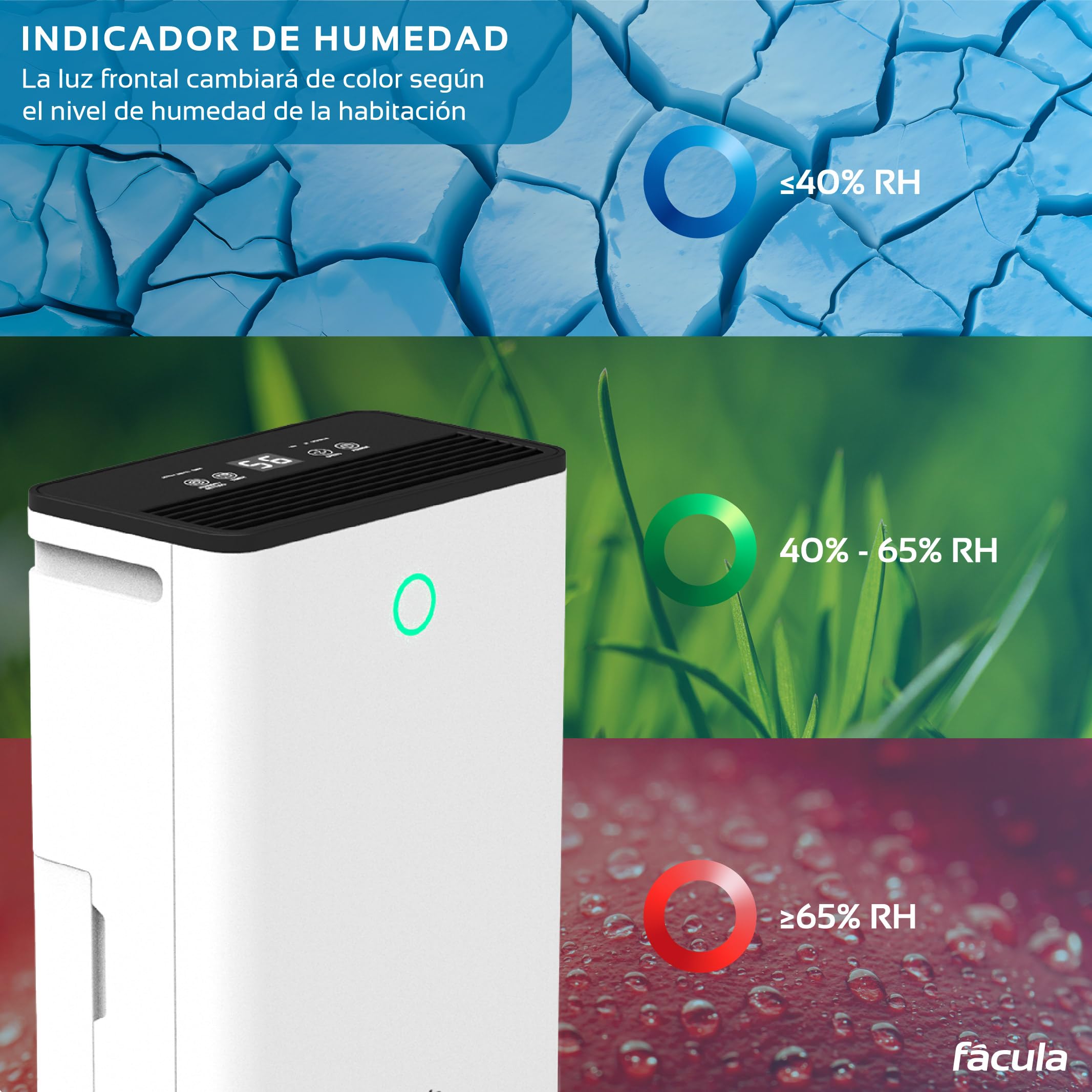 facula - Deshumidificador Bora 12L | Modo Auto | Modo Inteligente | Temporizador 1-24h | Función Drenaje Continuo