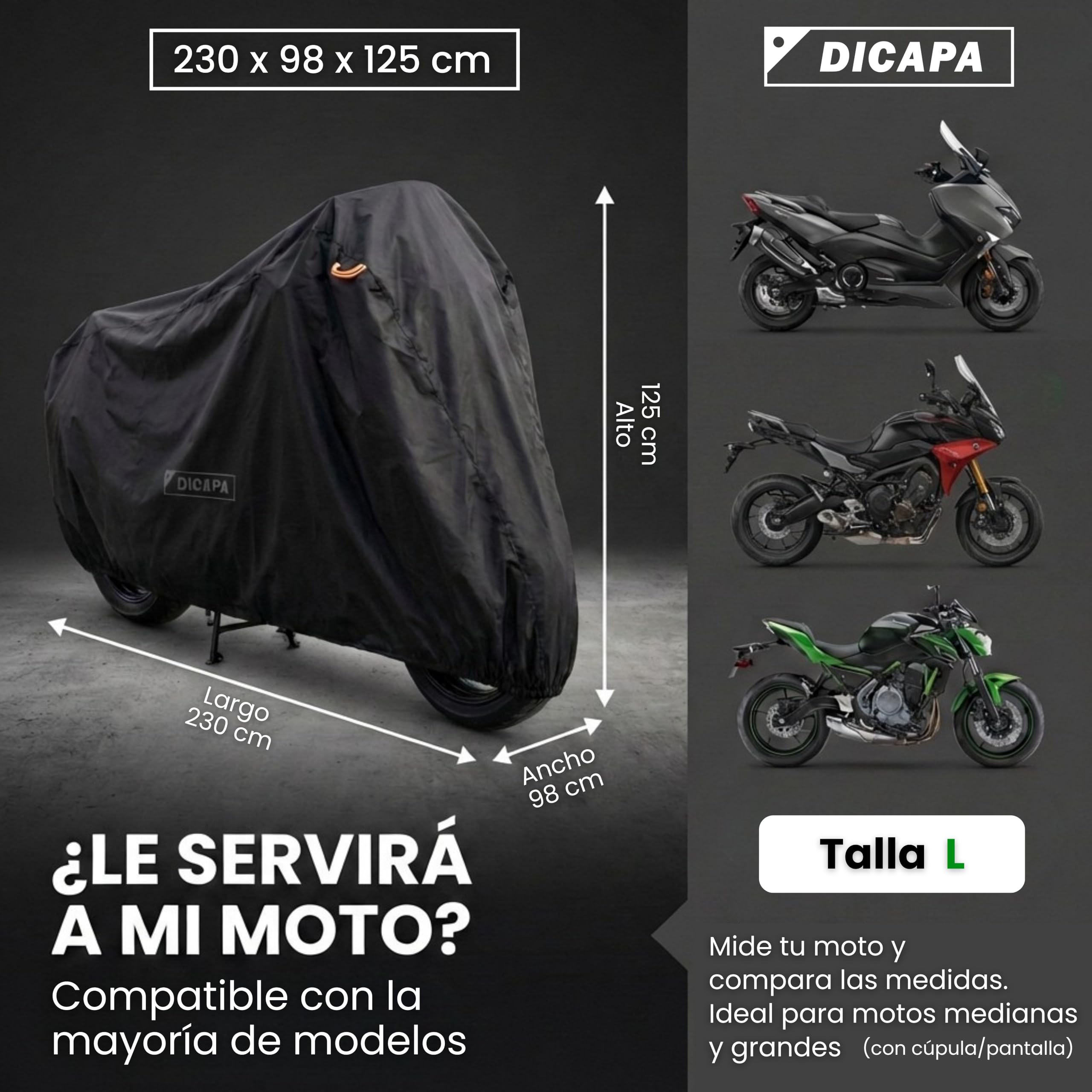 DICAPA Housse Moto Imperméable 230x98x125cm (L) Housse Moto Résistante à l'Eau, au Vent, à la Neige et aux Rayons UV. Housse pour Motos avec Système Antivol et Fermeture Élastique.