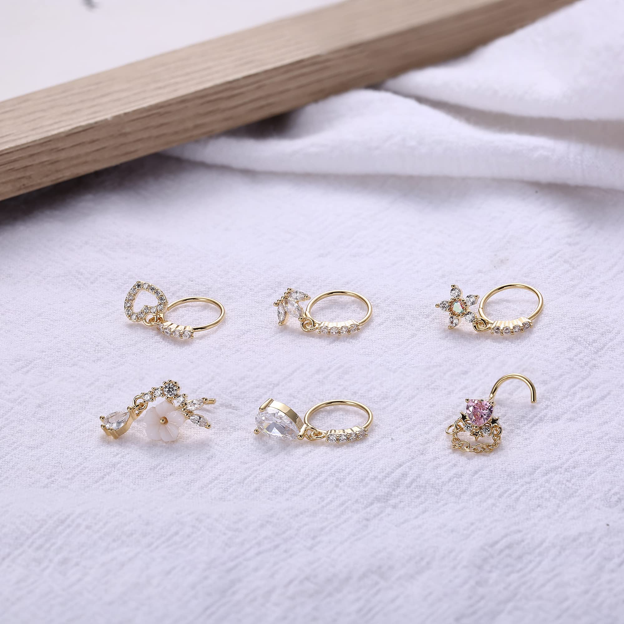 ZXLIHS 20 szt. 20G zwisają kolczyki w nosie dla kobiet-motyl, serce, księżyc, kwiat, krzyż CZ obręcze-kolczyk na chrząstkę Piercing biżuteria